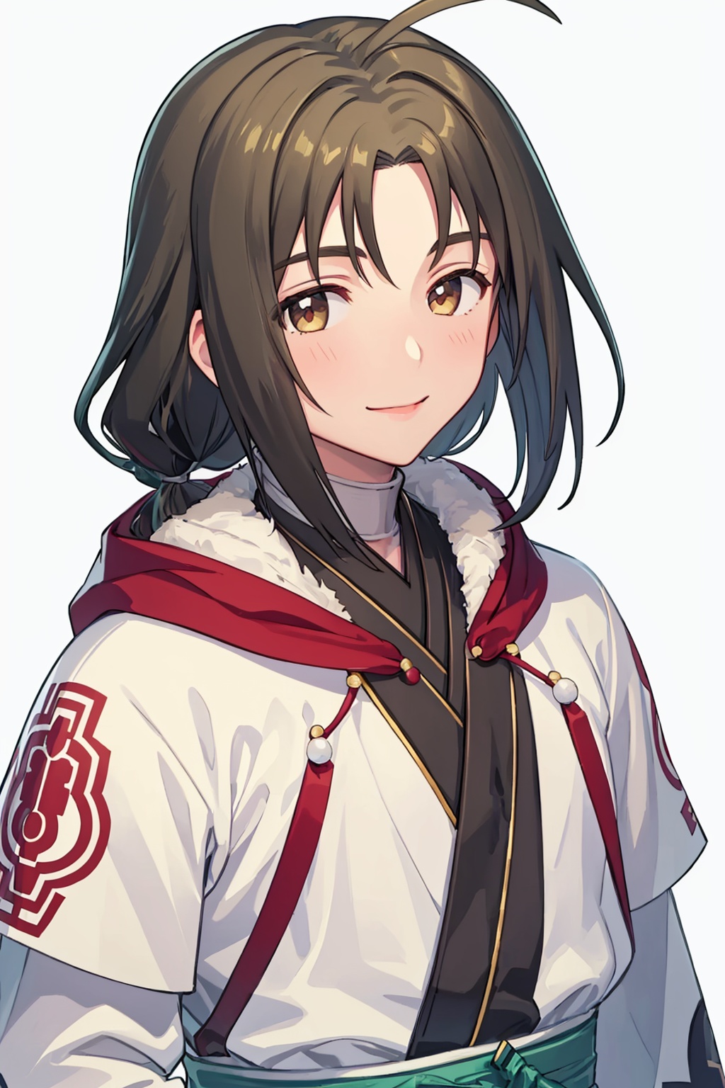masterpiece,best quality, highly detailed, 1boy,haku (utawarerumono),male focus,solo,looking at viewer,simple background,white background,upper body,smile,<lora:haku_(utawarerumono):1>