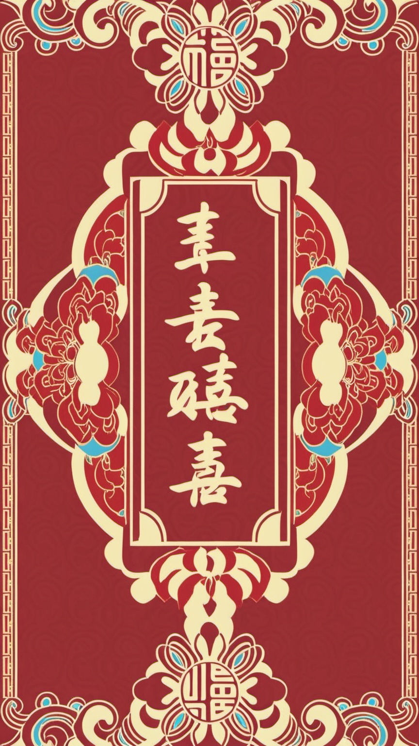 hongbao,A digital artwork flaunts a traditional Chinese design. The background is a deep red,decked out with intricate,symmetrical golden patterns and floral motifs. Smack dab in the middle,there's a cream-colored rectangle with Chinese characters in red,surrounded by ornate,swirling lines. The whole thing screams elegance and cultural flair.,,<lora:hongbao_v1-000012:1>