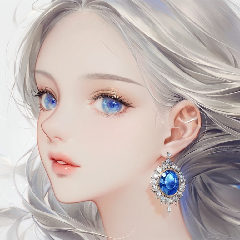 (best quality), ((masterpiece)), (highres), illustration, original, extremely detailed,<lora:DDCXL:0.7>1girl, solo, jewelry, earrings, blue eyes, portrait, gem, parted lips, long hair, eyelashes, looking at viewer, lips, close-up, simple background, blue gemstone, floating hair, white background, grey hair