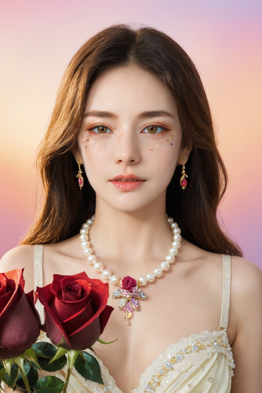 quality,8K,extremely complex details,1girl,lolita,careful eyes,looking_at_viewer,gradient art,rose,upper_body,(in the flower cluster:1.1),sky,butterfly,necklace,pearls and jewels,front,