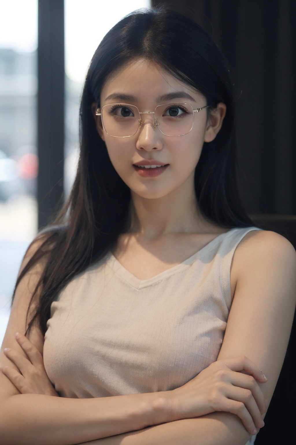 (mature female:1.1),close up,looking at viewer,solo,1 girl,medium breasts,curvy,shiny_skin,photorealistic,realistic,(master piece:1.4, best quality:1.4, fine fabric emphasis, intricate details, sharp focus, UHD, 8K, Ultra Detailed 8K CG, hyper realistic, super detailed,ultra realistic, extremely detailed CG unity 8k wallpaper, ultra high res, High quality texture, High quality shadow),(sexy, atractive),(dark photo:1.3),(dark tone low key film:1.2),(clear eyes:1.1),(wide-eyed:1.1),textured hair,textured skin,,,CtanSTTan20240831001,glasses,(crossed arms),<lora:LEOSAM's Instant photo 拍立得_Polaroid LoRA_InspX Borderless Version:0.3>,<lora:CtanSTTan_20240831141309:0.4>