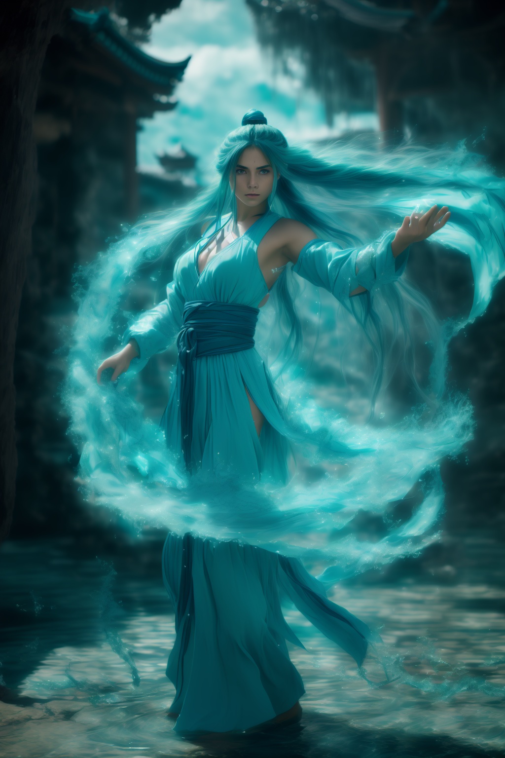 fighting stance,dancing,ancient-costume,cyan-aura,using cyan-water-magic,cyan-water-magic,using cyan-magic,cyan-magic,1girl,solo,long hair,blue eyes,<lora:magic_fighting_cyan_512_15:0.8>,