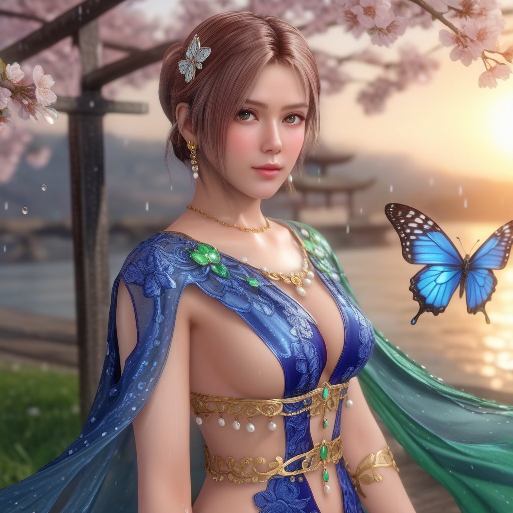 <lora:847-DA-XL-死或生-Elise-BirthdaySuit-20220903:0.8>, (,1girl, ,best quality, ),,  ,,ultra detailed 8k cg, ultra detailed background ,ultra realistic 8k cg,          cinematic lighting, cinematic bloom, (( , )),,  , unreal, science fiction,  luxury, jewelry, diamond, pearl, gem, sapphire, ruby, emerald, intricate detail, delicate pattern, charming, alluring, seductive, erotic, enchanting, hair ornament, necklace, earrings, bracelet, armlet,halo,masterpiece, (( , )),, realistic,science fiction,mole,   ,cherry blossoms,,(((Best quality, masterpiece, ultra high res, (photorealistic:1.4), raw photo, 1girl, ,rain, , sunlight, sunset,     )))  (cleavage),stylish_pose,  (), butterfly,