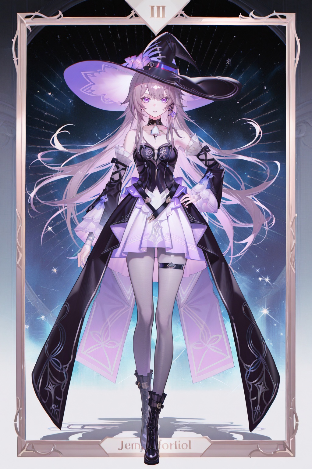 8k,best quality,masterpiece,(ultra-detailed),(high detailed skin),safe_pos,masterpiece,absurdres,newest,iumu,shinanoya \(satanicad\),jima,(whitebc:0.75),reoen,(healthyman:0.5),yoshinari you,full body,full shot,standing,looking at viewer,(solo:1.2),hand on own hip,<lora:cardstyle-gnoob-Tanger-000013:0.8>,cardstyle,border,tarot,<lora:herta-IL-Tanger:0.8>,The herta \(honkai: star rail\),daherta,clothes:daheta purple witch dress,witch hat,teengirl,1girl,long hair,boots,detached sleeves,purple eyes,grey pantyhose,black footwear,earrings,jewelry,A full-body portrait of a young girl,standing gracefully,pastel art style,high-key lighting,shoujo manga influence,hd quality,delicate details,