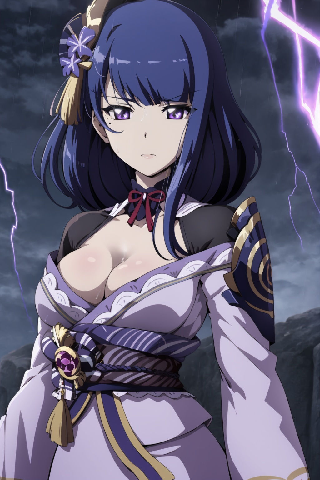 masterpiece, best quality, <lora:tgm-v2:1>,pixiv, <lora:raiden:1>1girl, solo, raiden shogun, purple eyes, hair ornament, purple hair, long hair, bangs, rain, looking at viewer, closed mouth, japanese clothes, flower, mole under eye, purple flower, mole, electricity, armor, shoulder armor, kimono, lightning, breasts