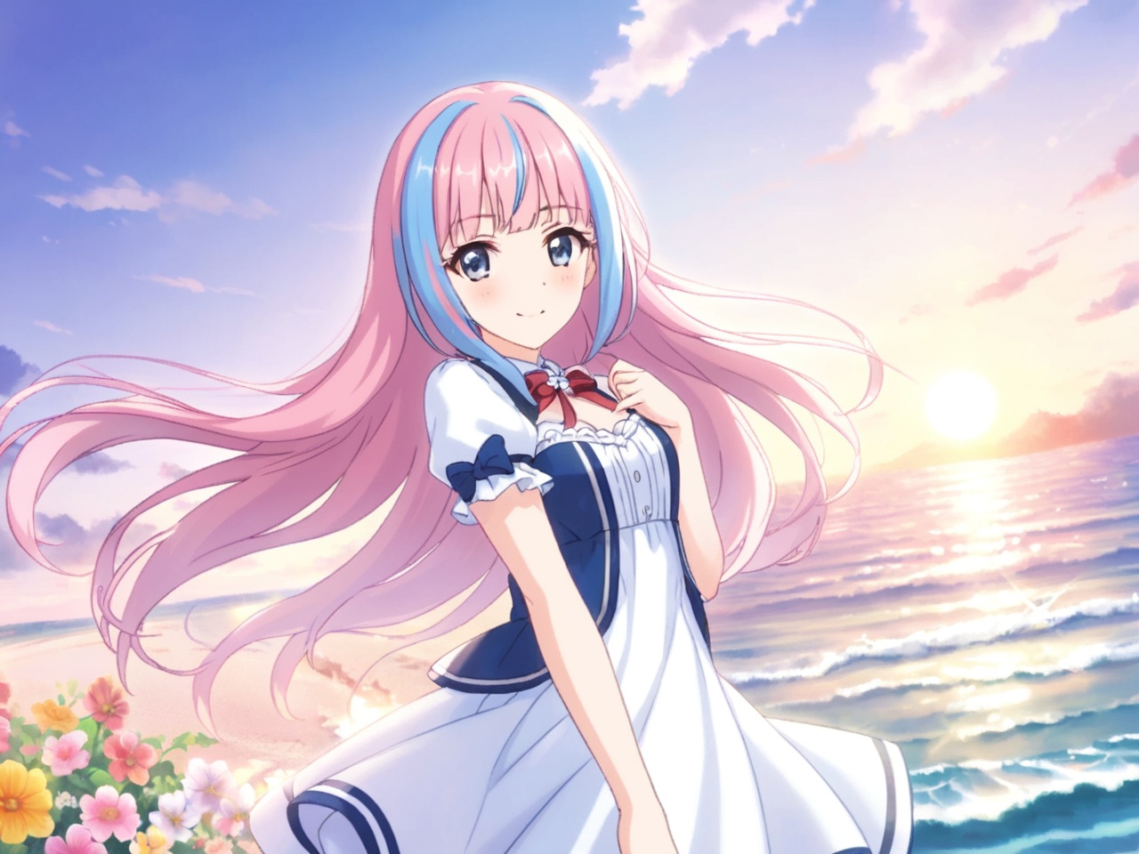 masterpiece,best quality,extremely detailed CG unity 8k wallpaper,Depth of field,cinematic lighting,backlighting,cel shading,anime screencap,long hair,beautiful detailed eyes,1girl,finely detail,(upper body:1.2),pink hair,(blue streaked hair:1.25),blue sky with cloud,sea,(flower near sea:1.5),art by princess connect!,original,seductive smile,random pose,solo,looking at viewer,ribbon,standing on beach,near water,blush,blunt bangs,blue water,<lora:pcr-xl-fp8-lokr:0.6>,