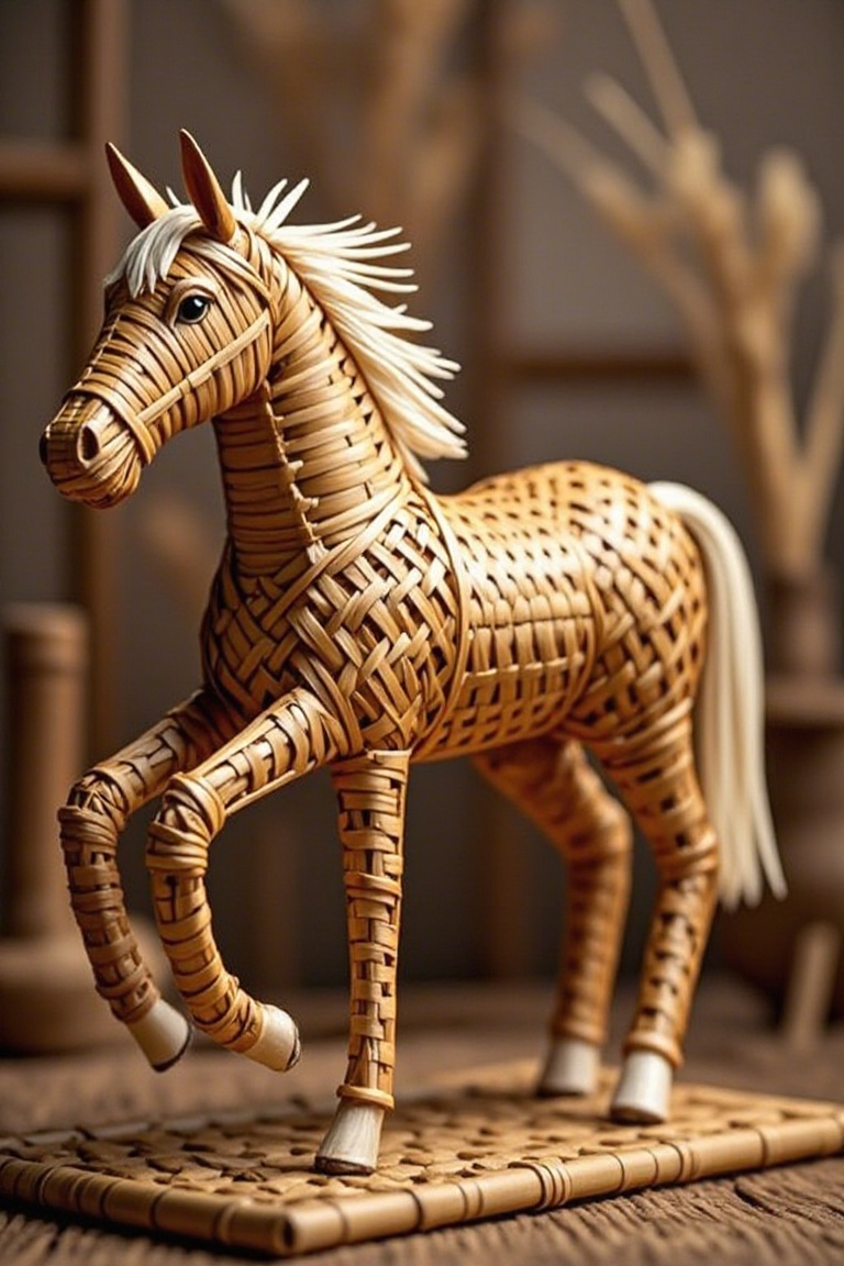 Handwoven,solo,indoors,fine and dense weaving of bamboo strips,creative design,bamboo silk bamboo weaving primary color,blurry,no humans,depth of field,blurry background,horse,1 a horse woven of bamboo strips,<lora:models/4414/f2697c8c.safetensors:0.8:0.8>