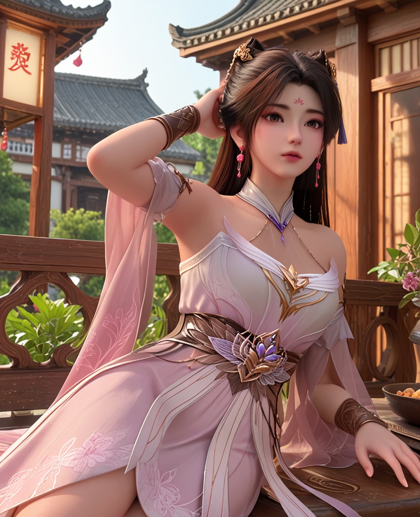 (oriental architecture, elegant decor, sophisticated style:1.1),(Resting on a bench in a park, leaning back with hands behind the head, enjoying the moment,:1.1),(breasts:1.2),<lora:XL神墓梦可儿:0.95>,miss mengkeer,pink white dress,brown eyes,black hair,long hair,hair ornament,sash,bracer,detached sleeves,earrings,jewelry,, score_9,score_8_up,score_7_up,score_6_up,score_5_up,score_4_up,3d rendering,tag1,tag2, Cinematic Lighting,backlighting,