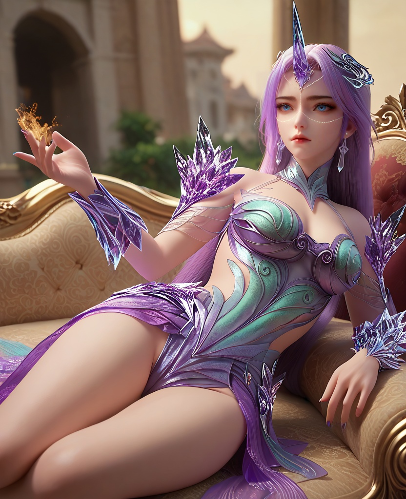 (oriental architecture, elegant decor, sophisticated style:1.1),Lying on a bed with one leg propped up, reading a letter or book,,(breasts:1.2),<lora:XL16完美世界月柳:0.95>,miss yueliu,solo,boobplate,purple skirt,blue eyes,forehead crystal horns,face chain,unicorn hair,very long hair,earrings,crystal pauldrons,crystal faulds,fart curtain,crystal vambraces,ashi kazari,, zPDXL2, score_9, score_8_up, score_7_up BREAK realistic, masterpiece,best quality, highly detailed,, zPDXL3, zPDXL2,zPDXL, zPDXLxxx, zPDXLrl,