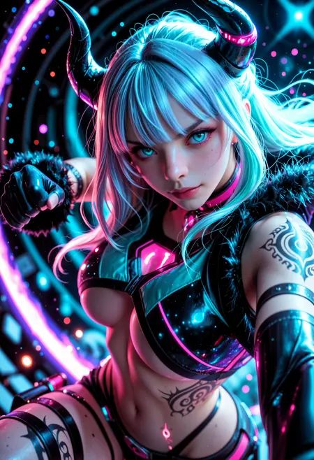 she has large dark horns, teal eyes, silver (half-up half-down hair), and a cosmic outfit with fur trim, choker, underboob, purple and pink hues at twilight, dynamic pose, Smooth_Quality, SmoothNoob_Quality, solo, 1girl