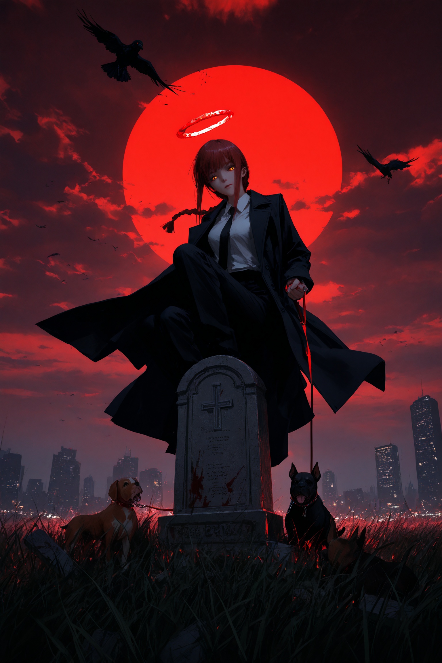 masterpiece,best quality,good quality,amazing quality,very aesthetic,absurdres,newest,[rella:0.9|redum4:0.5|dino \(dinoartforame\):0.4|wlop:0.4],painterly,Wide shot side view of Makima \(chainsaw man\) with ringed eyes holding pitbull dogs on a leash. The atmospheric scene captures a handmade quality,with the woman's distinctive features and collar emerging from the shadowy,blueprint-like background. An encompassing fog gently wraps the characters and reveals a crimson anaglyph. Skyscraper,brutalism theme,city,chains,1girl,five pitbull dogs,black necktie,pants,black pants,red hair,holding chains,detailed skin,holding leash,godrays,multiple dogs,braided ponytail,blood on clothes,outdoors,(cross tombstones:1.1),sky,walking confidently,dramatic shadows,necktie,collared shirt,dark red sky,blood,looking at viewer,long hair,opened black coat,sidelocks,red halo,cloudy sky,coat,fog,floating hair,crow sitting on tombstone,windy,horror theme,dark,unsettling atmosphere,close-up,chains,grass,bracked stones,storm,glowing red star,blending,art nouveau,blunt ends,sidelocks,impasto,brushstroke,impressionism,chiaroscuro,oil painting \(medium\),