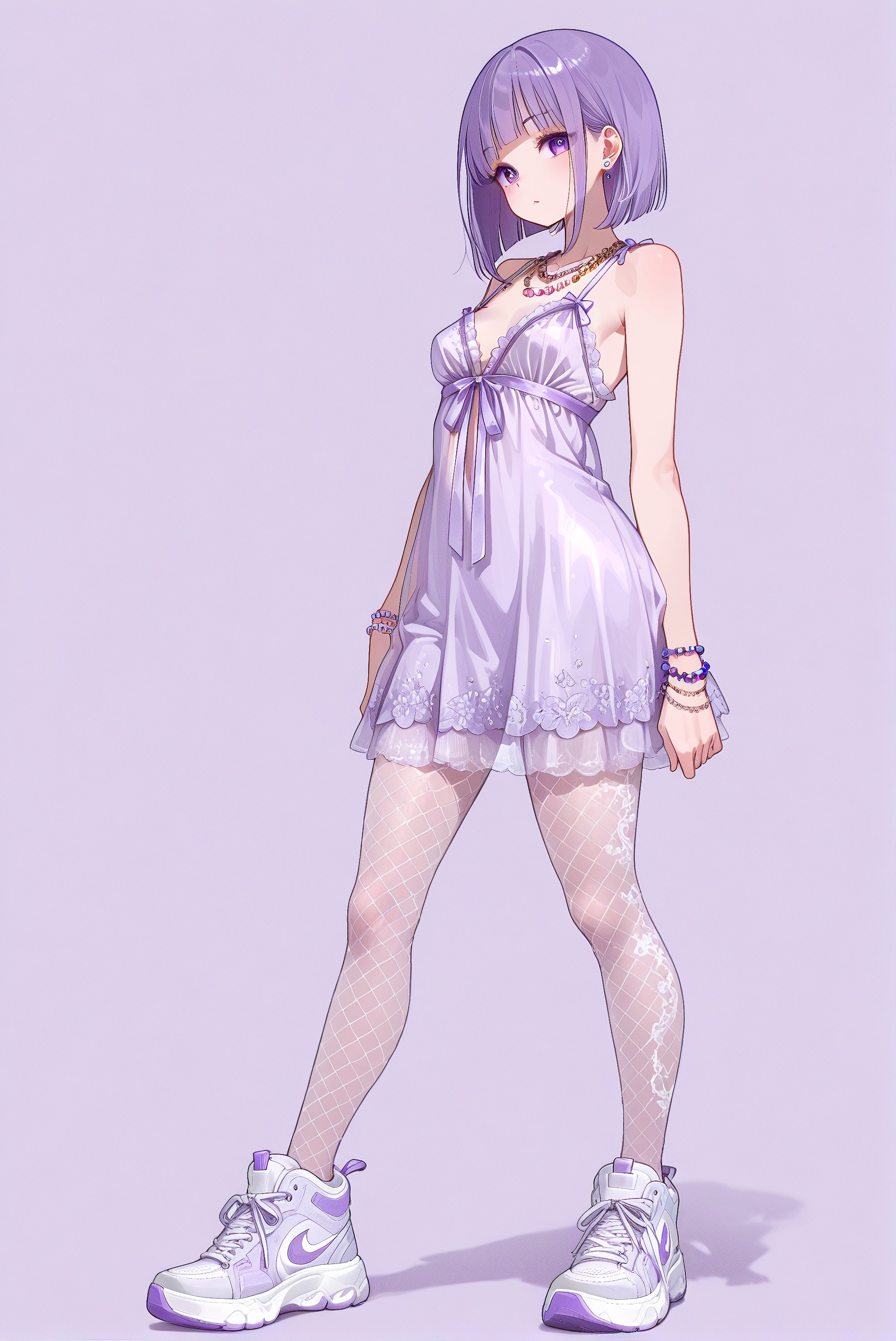 A girl in a standing position, , rubyamethyst, soft lavender tulle babydoll dress with satin ribbon tie, sheer mesh tights, chunky sneakers, delicate chain bracelet, layered bead necklaces, tiny stud earrings,
