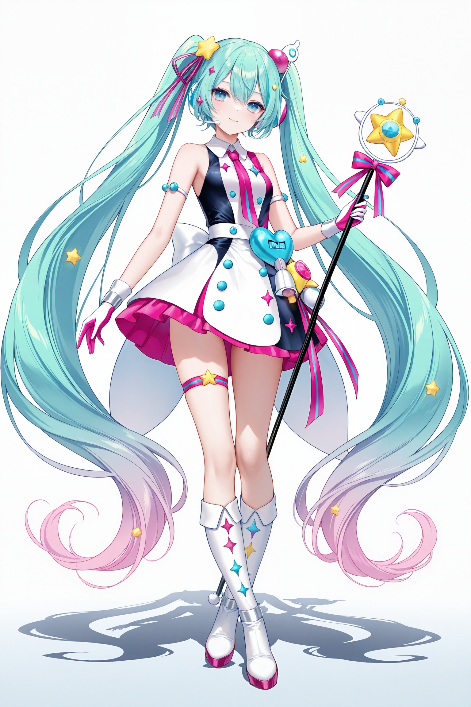 masterpiece,best quality,newest,absurdres,highres,soft shadows,photorealistic,(chen bin:0.5),(hiten \(hitenkei\):0.4),(rimuu:0.5),(mignon:0.5),(sheya:0.6),<lora:MMM2022XLNAI:1>,magical mirai miku \(2022\),necktie,multicolored hair,hair ornaments,multicolored dress,white dress,knee boots,thigh strap,multicolored gloves,ribbon,full body,holding,