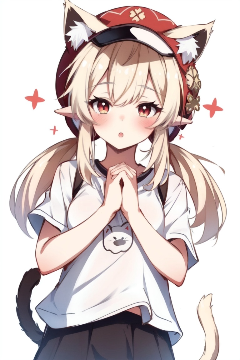((HRD, HUD, 8K)),((masterpiece, best quality)), highly detailed,Klee, 1girl, hat, animal ears, solo, cat ears, tail, cat tail, twintails, pointy ears, simple background, kemonomimi mode, white background, bangs, klee (genshin impact), red eyes, ahoge, long hair, low twintails, shirt, sidelocks, short sleeves, looking at viewer, hair between eyes, animal ear fluff, cat girl, sparkle, blush, light brown hair, alternate costume, blonde hair, t-shirt, :o, parted lips, open mouth, cowboy shot, clenched hands,  <lora:20240702-1719916281946:0.7>