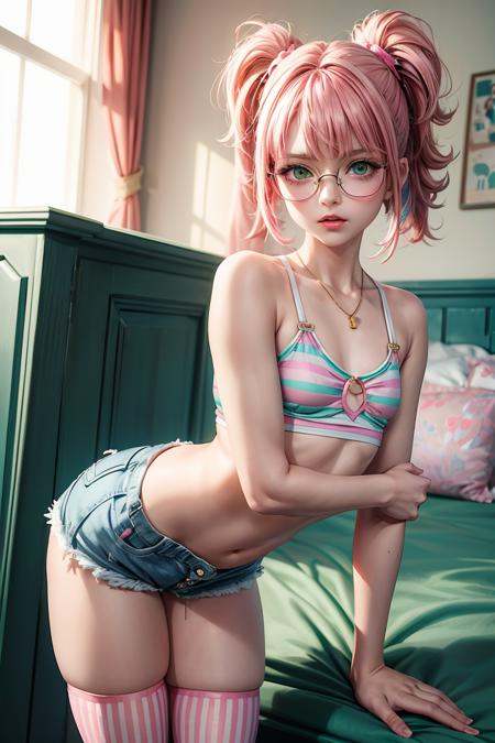 (masterpiece, best quality), 1girl, small breasts, small hips, green eyes, pink hair, crop top, denim shorts, bedroom, striped thighhighs, pervert, petite, glasses, <lora:add_detail:1>,