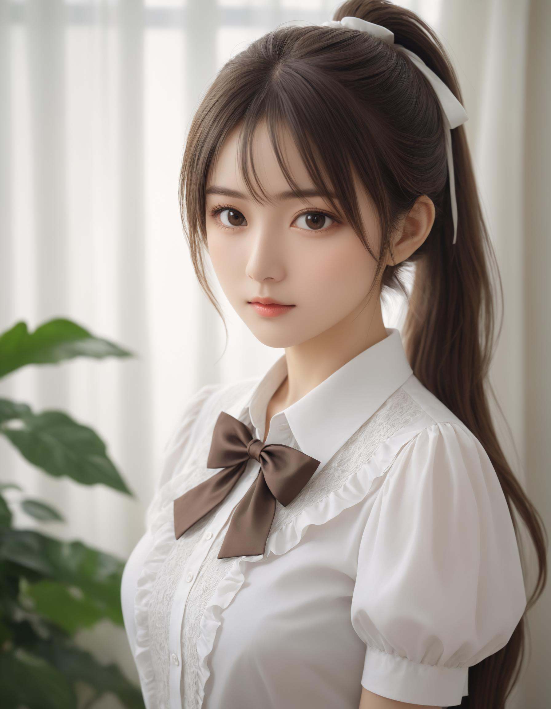 Depth of field. . Face focus. . 1woman. Solo. Contrapposto. . Looking at viewer. . Detailed dark-brown eyes. Detailed body...