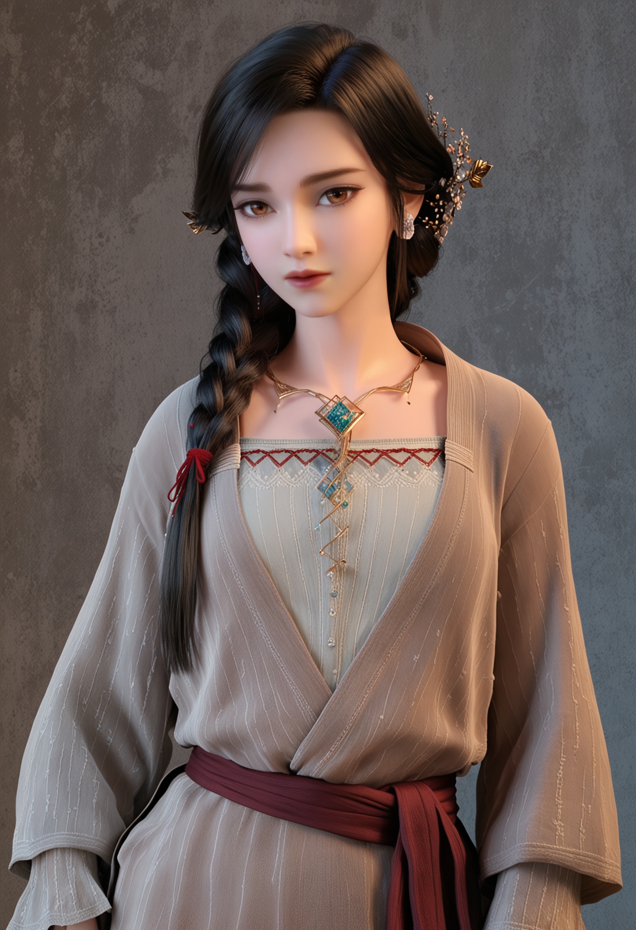 score_9,high detail,best quality,cinematic lighting,volumetric lighting,shiny skin,shiny,1girl,jewelry,solo,braid,earrings,necklace,hair ornament,long hair,black hair,looking at viewer,realistic,hair over shoulder,single braid,lips,simple background,long sleeves,ring,brown eyes,standing,thighs,<lora:QQSponyyingmoV1:0.8>,<lora:Pony_DetailV2.0:0.8>,<lora:皮肤凹痕:0.1>,