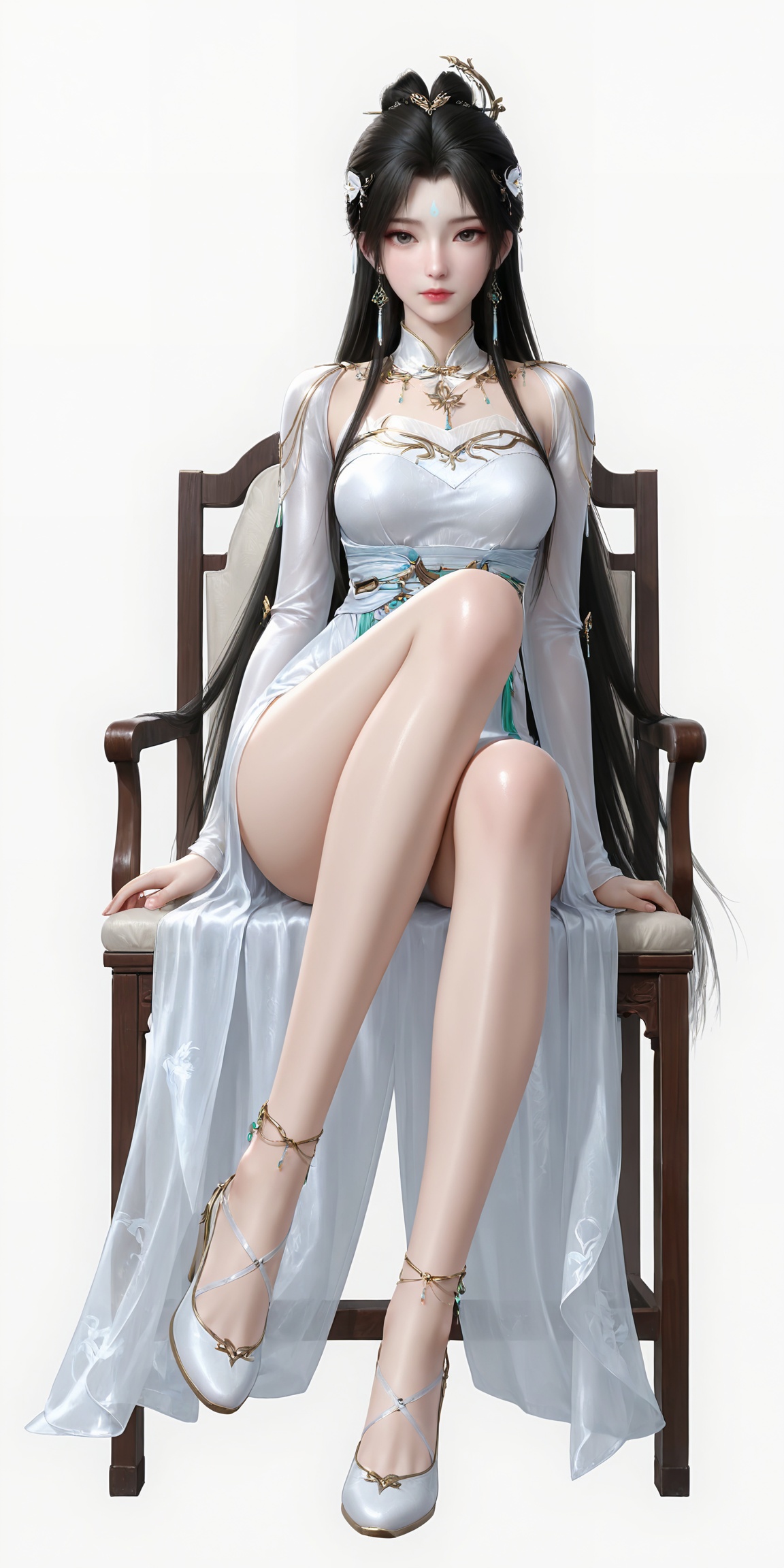 masterpiece,high quality,tall,game cg,highres,(soft light:1.2),white_skin,(shiny_skin:0.6),(realistic:1.1),lvjing,<lora:清漪:0.6>,qingyi,1girl,solo,earrings,jewelry,hair ornament,hair_bun,long hair,closed mouth,portrait,forehead mark,facial mark,black hair,looking_at_viewer,white_background,simple background,legs,long legs,white footwear,full body,sitting,chair,