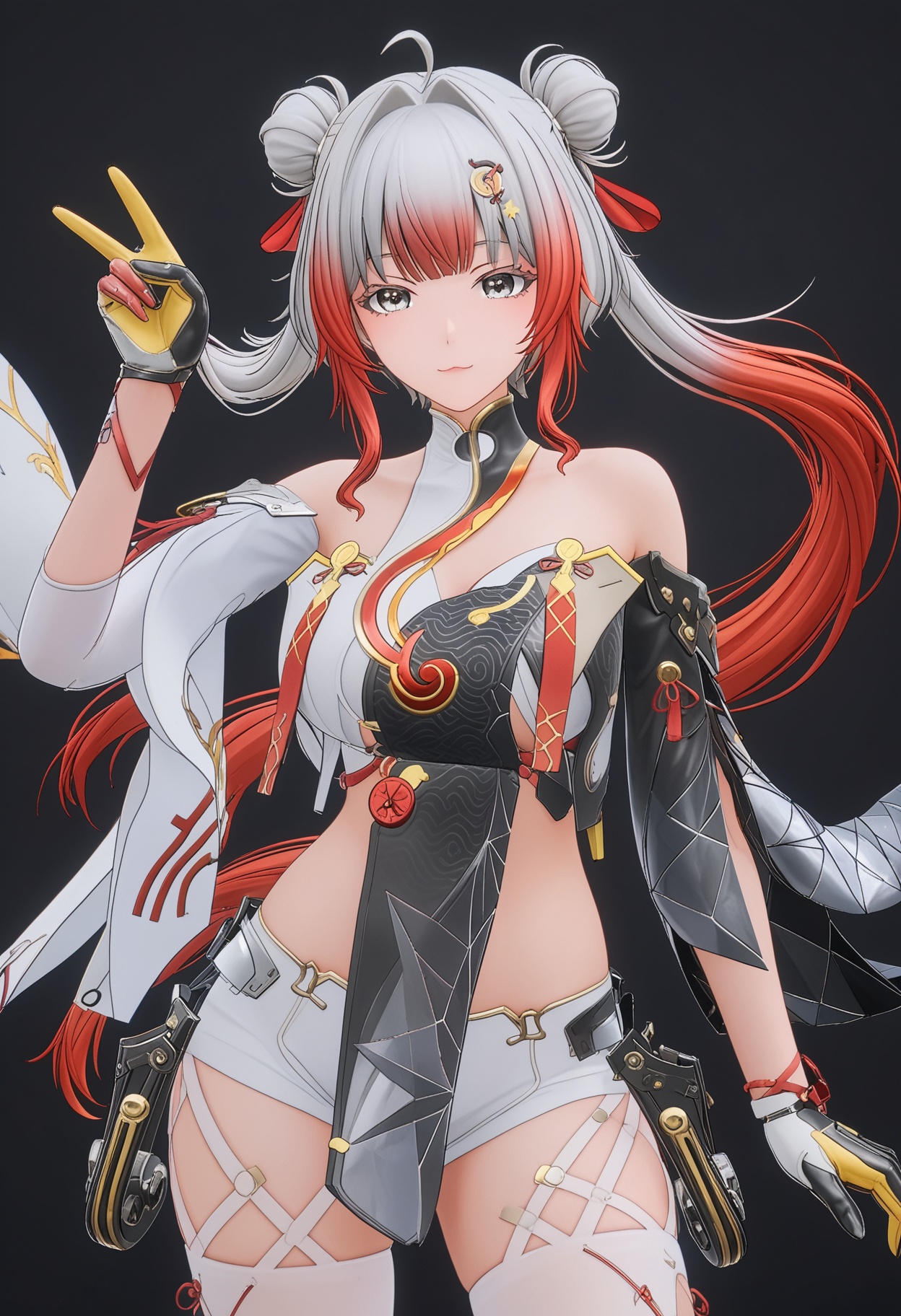 (cowboy shot:1.2),score_9,score_8_up,masterpiece,(best quality),intricate details,facing viewer,(looking at viewer:1.1),<lora:YQ_pony_bubu_V4:0.8>,q1528437228,1girl,solo,red hair,multicolored hair,grey hair,long hair,hair ornament,gradient hair,hair bun,double bun,chinese clothes,twintails,grey eyes,dress,detached sleeves,gloves,hair intakes,thighhighs,white pantyhose,white thighhighs,shorts,high heels,two-tone hair,pelvic curtain,thighs,white shorts,BREAKscore_9,score_8_up,masterpiece,(best quality),perfect anatomy,(hourglass),perfect face,(simple background,pure black background,black background:1.1),fair_skin,shiny_skin,Ivory_skin,