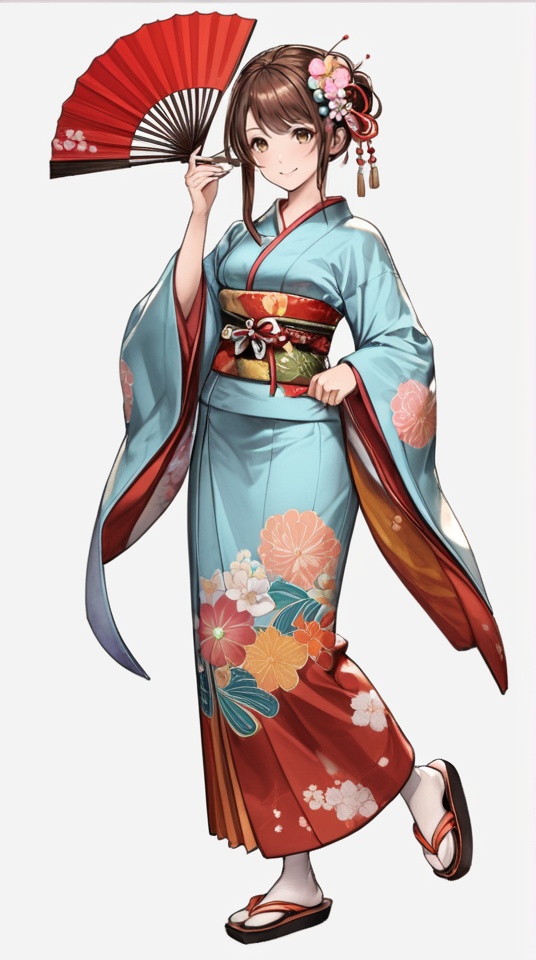 (best quality), ((masterpiece)), (highres), illustration, original, extremely detailed, <lora:JTのGame Character XL:0.7>1girl, japanese clothes, kimono, solo, hand fan, long hair, brown hair, hair ornament, full body, obi, smile, transparent background, flower, sandals, sash, hair flower, brown eyes, tabi, holding, folding fan, wide sleeves