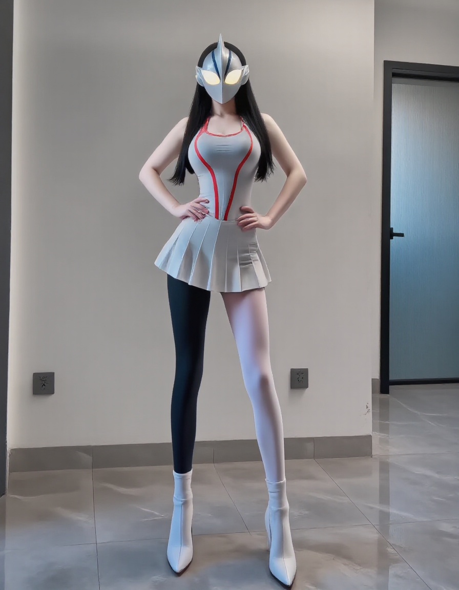 Ultraman,he wears an Ultraman pink mask,her full chest and elegant figure,her eyes sparkling with white light,This is a photo of a young woman standing in a minimalist room with beige walls and a large mirror on the right. Her long and straight black hair draped over her shoulders. This top is paired with a short and pleated skirt,which slightly opens up to expose her legs. Her left leg was wearing black transparent leggings,while her right leg was wearing a white transparent bodysuit,creating a sharp contrast. She was wearing white pointed high heels on her left foot and black pointed high heels on her right foot,adding height to her slim figure. The room has a modern and clean aesthetic. The overall composition emphasizes the contrast between a woman's figure and her legs,creating a visually striking and somewhat avant-garde appearance.,A photo of an Asian woman with short black hair,huge sagging breasts,and a slim physique,<lora:奥特曼最终版:1>,<lora:手机遮脸秀身材:1>,
