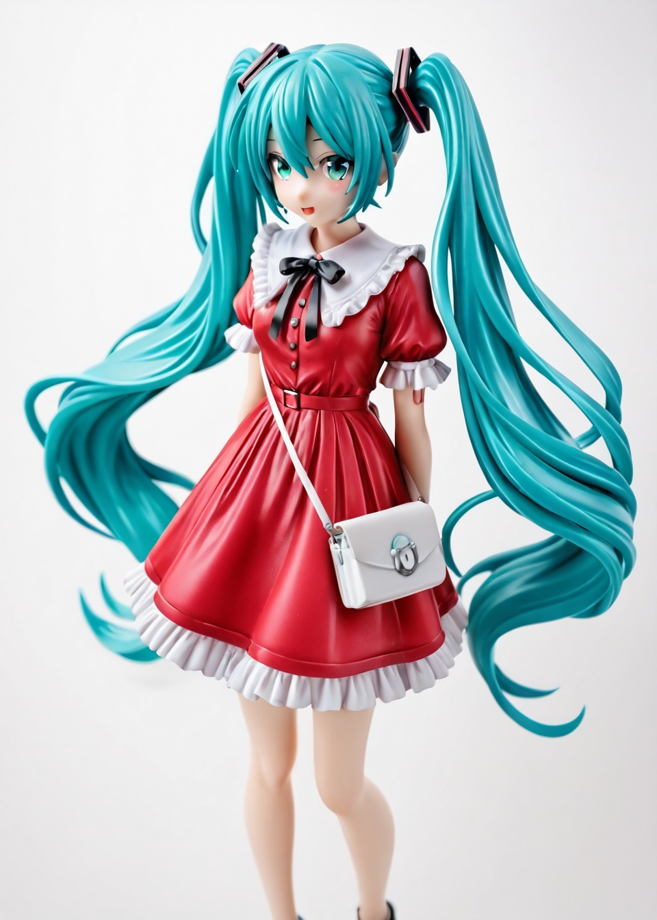 This is a digital anime-style drawing featuring Hatsune Miku, a popular vocaloid character. She has teal twin-tails adorned with hair accessories and wears a red dress with white frills and a blue "WATTPAD" bag. Her expression is neutral, and she stands in profile against a plain white background. The artwork is characterized by clean lines and vibrant colors, emphasizing Miku's iconic look.