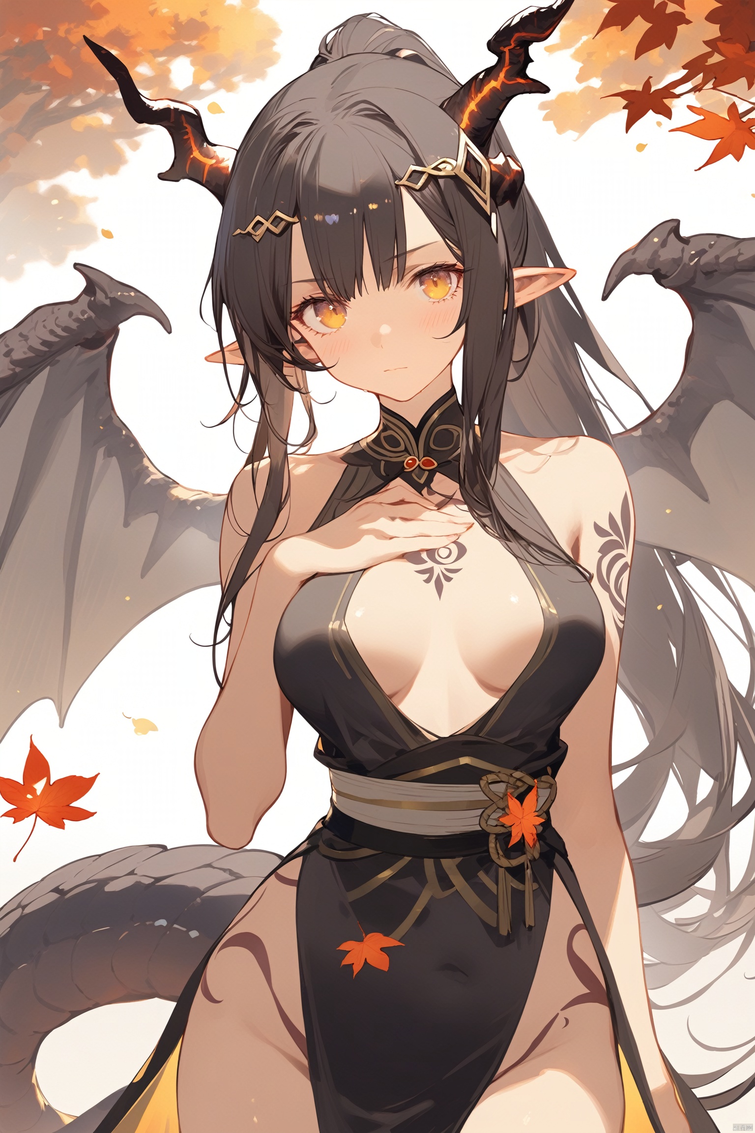 1girl, solo, long hair, breasts, looking at viewer, bangs, black hair, hair ornament, dress, bare shoulders, medium breasts, closed mouth, standing, tail, yellow eyes, ponytail, grey hair, sidelocks, cowboy shot, wings, horns, sleeveless, pointy ears, black dress, sash, tattoo, sleeveless dress, leaf, hand on own chest, pelvic curtain, arm behind back, dragon horns, dragon girl, dragon tail, autumn leaves