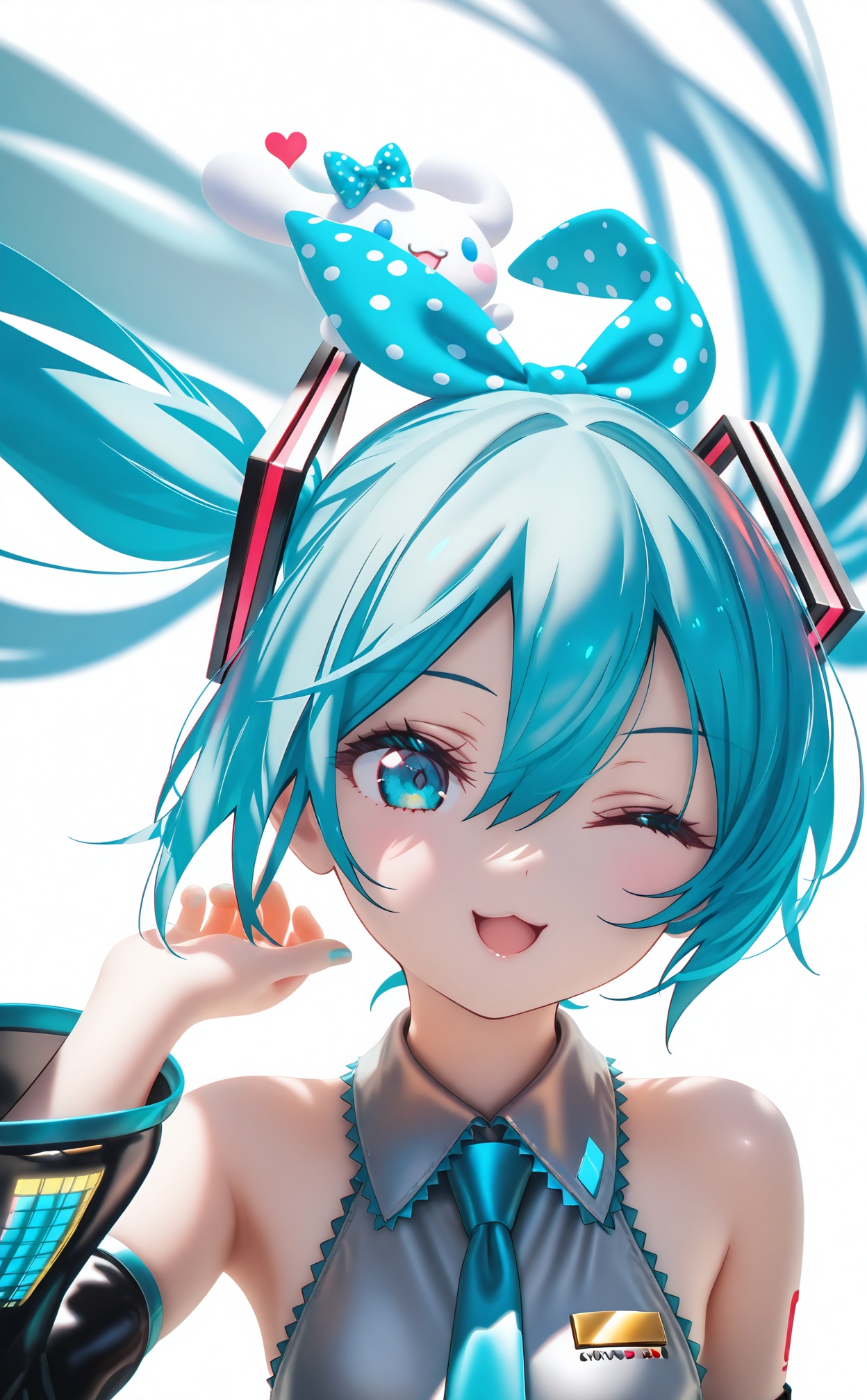 masterpiece,highres,absurdres,newest,best quality,high quality,loli,petite,chromatic_aberration,//,1girl, cinnamoroll, bow, hatsune miku, necktie, detached sleeves, shirt, updo, heart, looking at viewer, hair bow, blue bow, collared shirt, white background, upper body, one eye closed, aqua eyes, sleeveless, hair between eyes, ear bow, simple background, aqua necktie, >_o, aqua hair, open mouth, sleeveless shirt, grey shirt, black sleeves, smile, hand up, polka dot, bare shoulders, blue necktie, aqua bow, blue eyes, blue hair, matching outfits, :3, hatsune miku \(cosplay\), frilled shirt, hair ornament, long hair, parted lips, polka dot bow//,official art,depth of field,detailed light,blurry background,cinematic lighting,ray tracing,ultra detailed,god rays,backlighting,photo background,film grain,chromatic aberration,volumetric lighting,depth of field,blurry background,shiny skin,floating hair,cinematic lighting,day,very aesthetic//,//,<lora:MAQ——【CKXL测试】hans:1>,