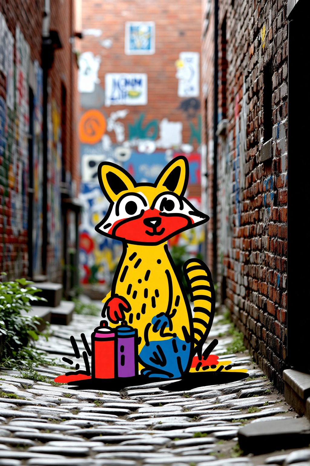 beijihui,A neon sticker of a punk-style raccoon spray-painting graffiti,glowing purple spray cans in paw. The background displays realistically photographed brick alley walls with peeling posters.,