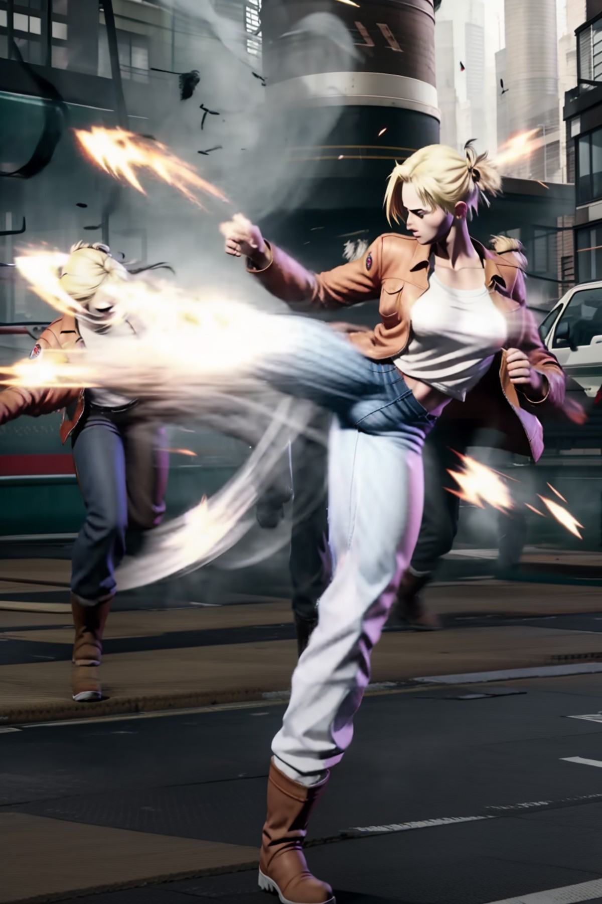 <lora:Hyakuretsukyaku-10:1> Hyakuretsukyaku, kicking, motion blur,1 girl, solo <lora:Annie-14:0.6> 1 girl, annie_leonhardt, blonde tied hair, brown jacket, white shirt, trousers, boots
