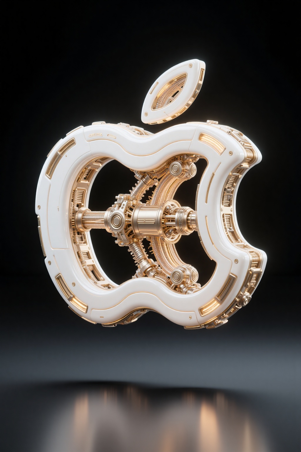 beijihui,Apple's logo,which is composed of nano self-healing machinery,fine energy fibers,magnetic levitation modules,and micro dynamic joints. The details are extremely complex. The font shell is **** of pearl white and light gold nano alloy material. It has a sci-fi hard surface design,a sense of future technology,a future mechanical style,an industrial mechanical aesthetic,high-definition realistic rendering,a low-contrast pure black gradient background,photographic lighting,Octane rendering,floating,and a frontal perspective.,