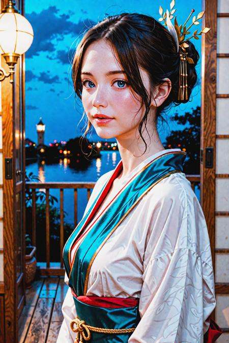 masterpiece, realistic, photo realistic, newest, high quality, highres,1girl, solo, looking at viewer, scholar costume,<lora:dmd2_sdxl_4step_lora:1>, blue lighting, night,