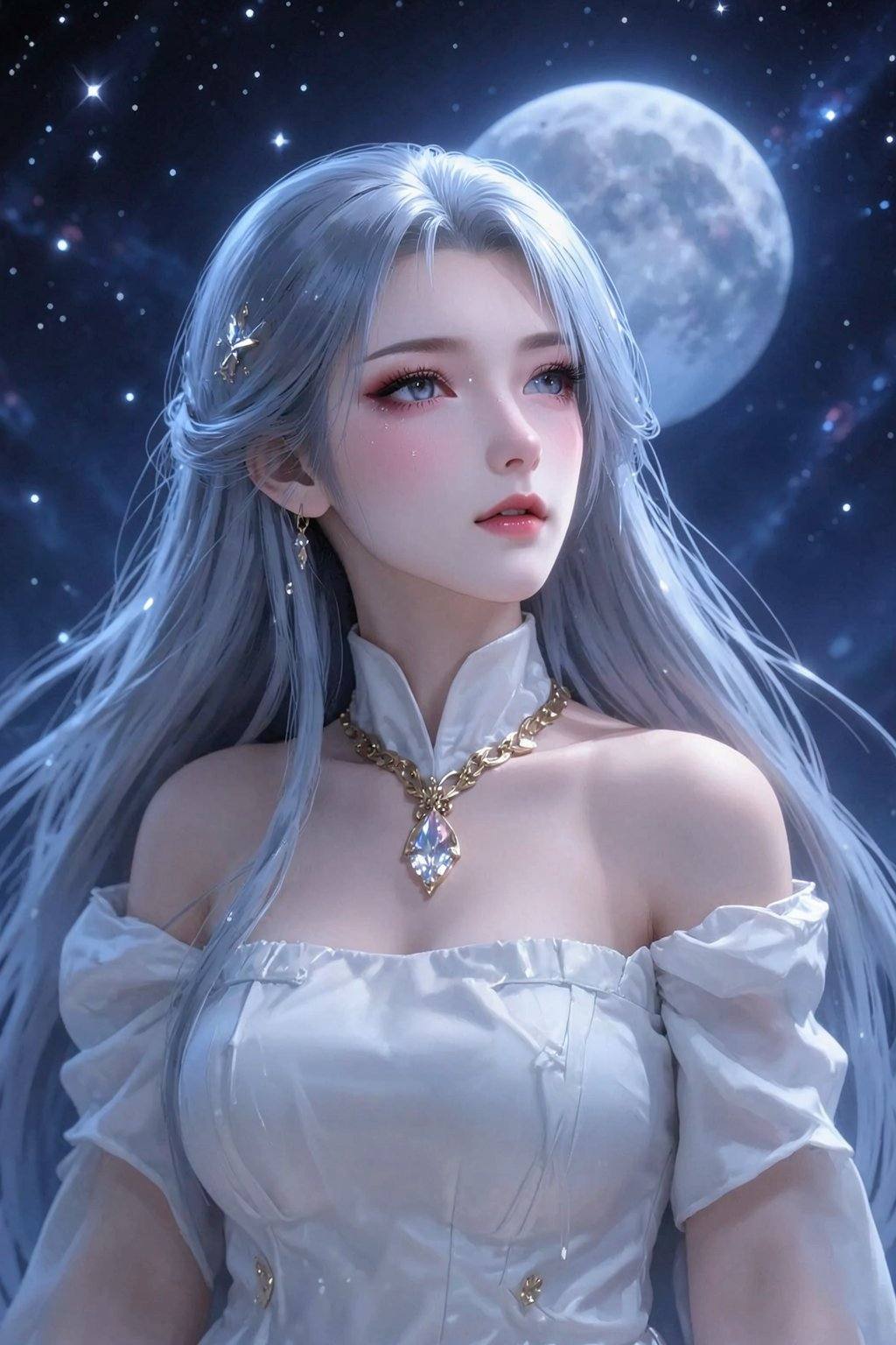 <lora:20260210_TinFlux2KleinAnimeLora2:1>, This is a digital painting in a highly detailed, realistic style. The subject is a young woman with long, flowing silver hair that cascades down her back and shoulders, adorned with a few small, star-like highlights. Her skin is fair with a subtle blush on her cheeks, giving her a delicate, ethereal appearance. She has large, expressive eyes with a soft, dreamy gaze and full, pink lips. Her outfit is an off-the-shoulder, white gown with puffy, ruffled sleeves and a high collar, which adds a touch of elegance and romance to her look. She wears a gold necklace with a large, sparkling pendant that catches the light, enhancing her regal aura. The background is a starry night sky with a full moon, its silvery glow illuminating her face and the gown. The night sky is a deep blue with scattered stars and a few faint, colorful nebulae, adding depth and a sense of cosmic wonder. The overall composition is serene and magical, with a blend of celestial elements and human beauty, creating a harmonious and enchanting scene. The painting captures a moment of quiet contemplation, with the woman seemingly gazing at the moon.