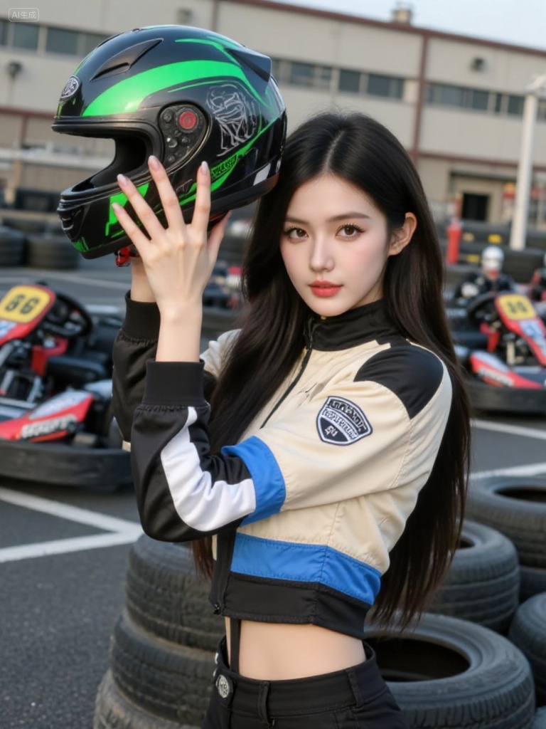 photograph of an asian woman with long, straight black hair and fair skin, standing in an outdoor racing pit area, she wears a beige and blue racing jacket with black sleeves, holding a black and green racing helmet above her head with her right hand, her expression is neutral, with slightly parted lips and dark, almond-shaped eyes, the background shows multiple black and red racing karts, stacked tires, and a large industrial building with windows, the lighting is natural, suggesting daytime, the image captures a mix of sporty and industrial elements, with the woman as the focal point, Steps: 28, Sampler: Euler, CFG scale: 4.0, Seed: 3194370087, Size: 768x1024, Model hash: 0734f0ab2ac6ee5eb9b9dd78fe8bae3a6ef8278135a482073ae31c17ea238747, Model: flux1-dev.sft, Denoising strength: 0, RNG: CPU, Lora 1: 20.safetensors, Lora Hash 1: 7622b1b523f93ebdd915a0d56777a54b18a61a8a2971b053e8459775a39910e2, Lora Weight 1: 0.8, vae_name: automatic