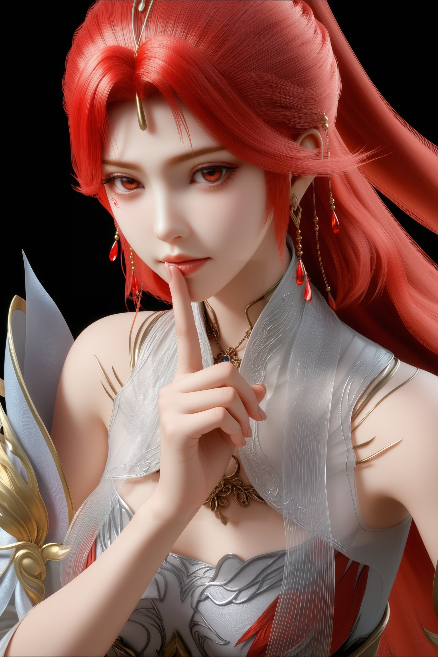 masterpiece,best quality,absurdres,highres,1girl,solo,<lora:火允儿-ill:0.83>,huoyuner,red hair,long hair,high ponytail,makeup,upper body,BREAKcollarbone,sheer overlay,bare shoulders,sheer collar,high collar,jewelry,hair ornament,dangling earrings,red gemstone,forehead decoration,detached sleeves,fantasy dress,looking at viewer,front view,(shushing:1.1),BREAK(white_skin:1.1),(fair_skin:1.1),realistic,simple background,black background,