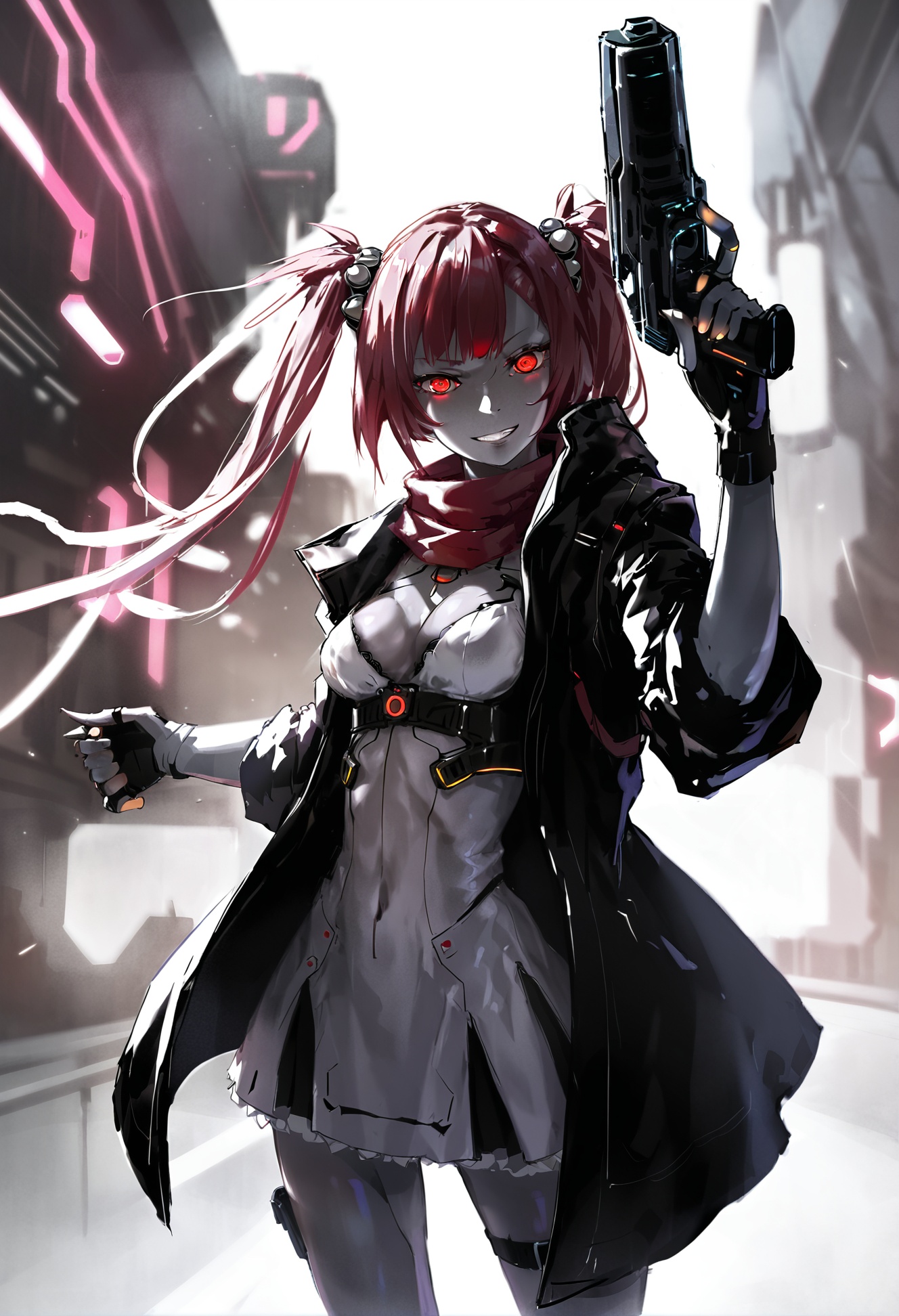 masterpiece, best quality, masterpiece, best quality,1girl,   red scarf, red hair, red eyes, 1011ta dress, cyberpunk, handgun, open clothes, scarf, solo, twintails, dress, medium breasts, coat, cyborg, smile, glowing, trigger discipline, open dress, glowing eyes, cleavage, black coat, fingerless gloves, extra arms, grey skin, breasts, cowboy shot, standing, looking at viewer, black-framed eyewear, spikes, german text, short dress, colored skin, cropped legs, holding gun, no bra, holding, grin, gloves, black gloves, revolver <lora:DInoballXLlokr8f-000185:0.95>