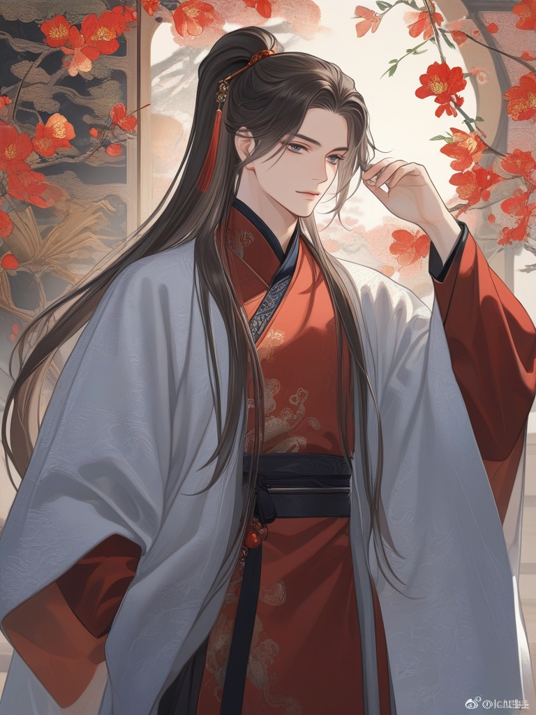 (best quality), ((masterpiece)), (highres), illustration, original, extremely detailed,<lora:古风·丝路恋语:0.7>licg,1boy, male focus, solo, long hair, watermark, artist name, ponytail, chinese clothes, wide sleeves, hand up, long sleeves