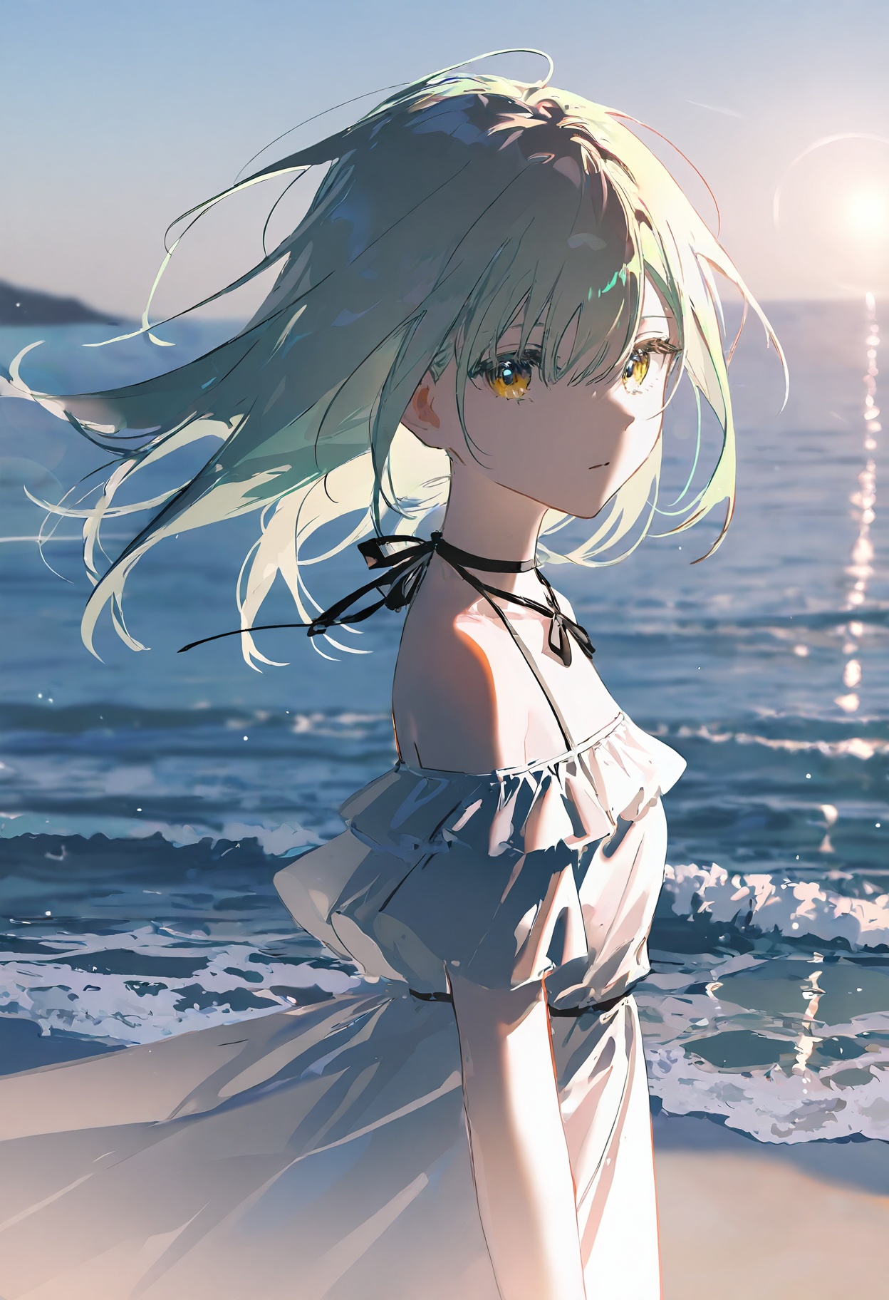 [[rella]],masterpiece,best quality,amazing quality,wakaba mutsumi,1girl,solo,upper body,looking at viewer,long hair,light teal hair,mint hair,messy hair,hair between eyes,yellow eyes,golden eyes,white off-shoulder dress,frills,black ribbon on chest,beach,sea,waves,bright sunlight,lens flare,rim lighting,shadow on face,high contrast,cinematic lighting,<lora:painting_style_v2-000180:0.8>,Painting_STYLE,