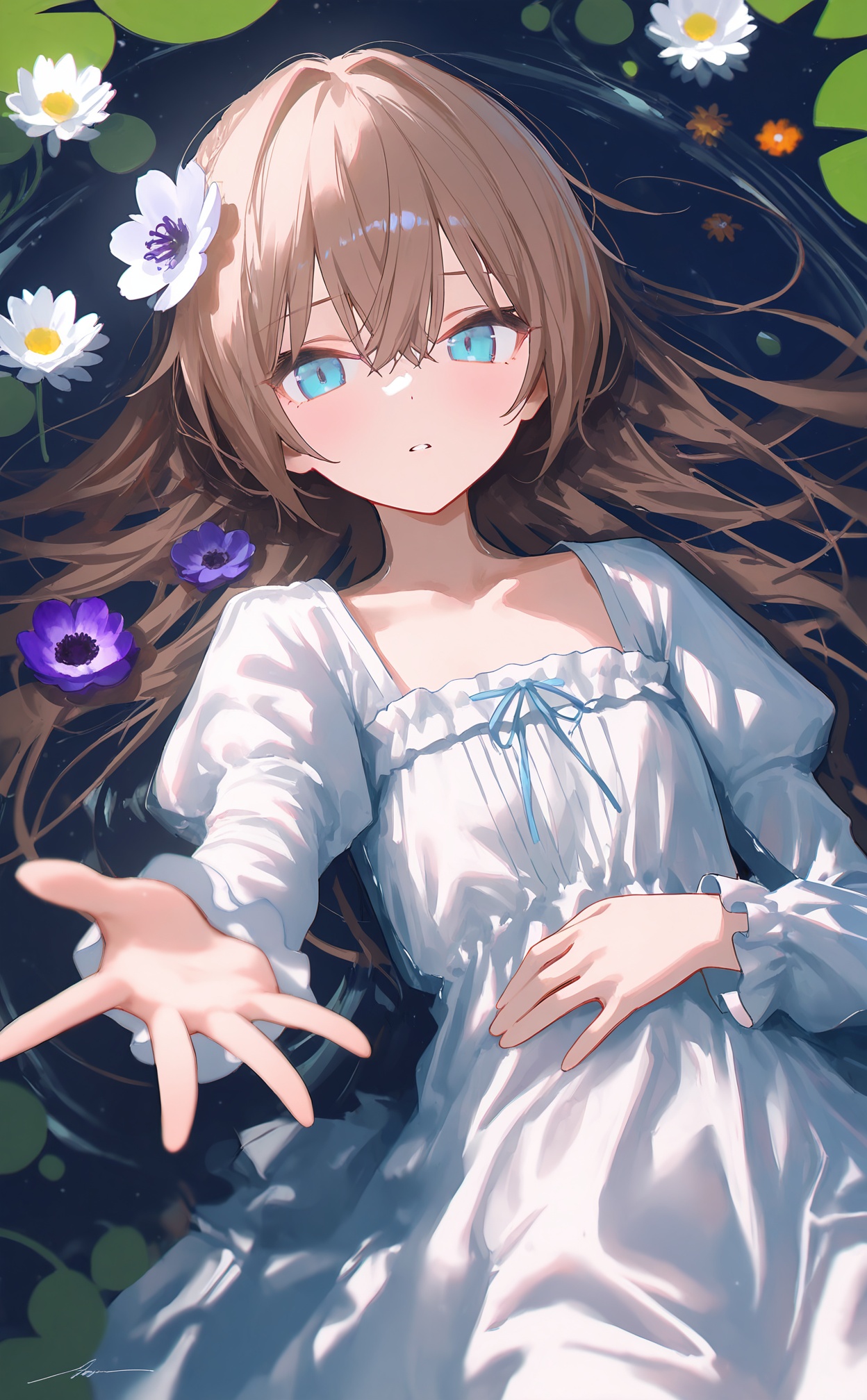 masterpiece,absurdres,best quality,(high quality:0.9),chromatic_aberration,Night,darkness,black theme,shy,embarrass,endured_face,//,1girl,flower,dress,solo,white dress,anemone (flower),white flower,long hair,hair flower,water,hair ornament,long sleeves,looking at viewer,lily pad,parted lips,afloat,reaching,partially submerged,reaching towards viewer,traditional media,frills,painting (medium),puffy sleeves,on back,hair spread out,lying,wavy hair,collarbone,light brown hair,juliet sleeves,blue eyes,holding flower,watercolor (medium),brown hair,blue flower,frilled dress,purple flower,orange flower,frilled sleeves,hair between eyes,outstretched hand,floral print,outstretched arm,daisy,signature,holding,from above,artist name,lying on water,hand on own stomach,ripples,//,rurudo,(ningen_mame:0.9),(nanananana:0.6),(reoen:0.7),rin_yuu,(ningen_mame:0.8),(wlop:0.7),(sy4:0.5),(ciloranko:0.2),(chocoan:0.8),//,highres,HDR,8K,high contrast,illustration,depth of field,(colorful),Tyndall effect,contrast,lens flare,