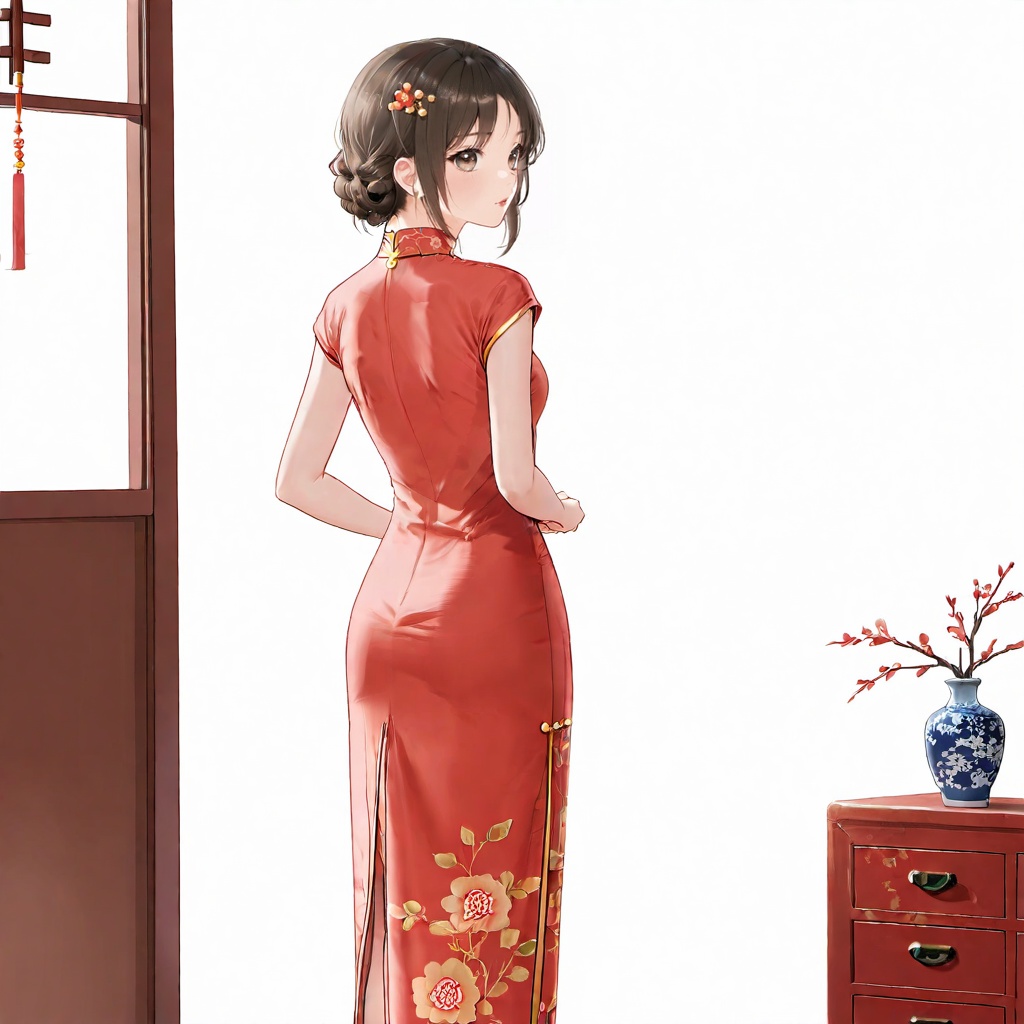 (Solo),from behind, full body, a 20-year-old beautiful idol girl wearing cheongsam, simple background, indoor, standing,