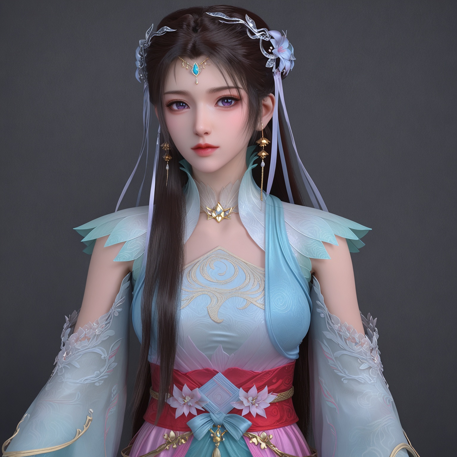 <lora:YQponyyiwenjunV4:0.8>,q1528437228,solo,1girl,long_hair,hair_ornament,jewelry,earrings,dress,black_hair,brown_hair,sash,flower,blue_dress,purple_eyes,forehead_mark,hair_flower,blue_eyes,detached_sleeves,necklace,chinese_clothes,realistic,hair_bun,long_sleeves,ribbon,boots,clothing_cutout,shoes,white_dress,wide_sleeves,double_bun,green_dress,hair_ribbon,BREAK score_9,upper_body,portrait,shiny_skin,looking at viewer,cinematic lighting,volumetric lighting,solo focus,(huge breasts:0.9),(simple background,pure black background,black background:1.1),