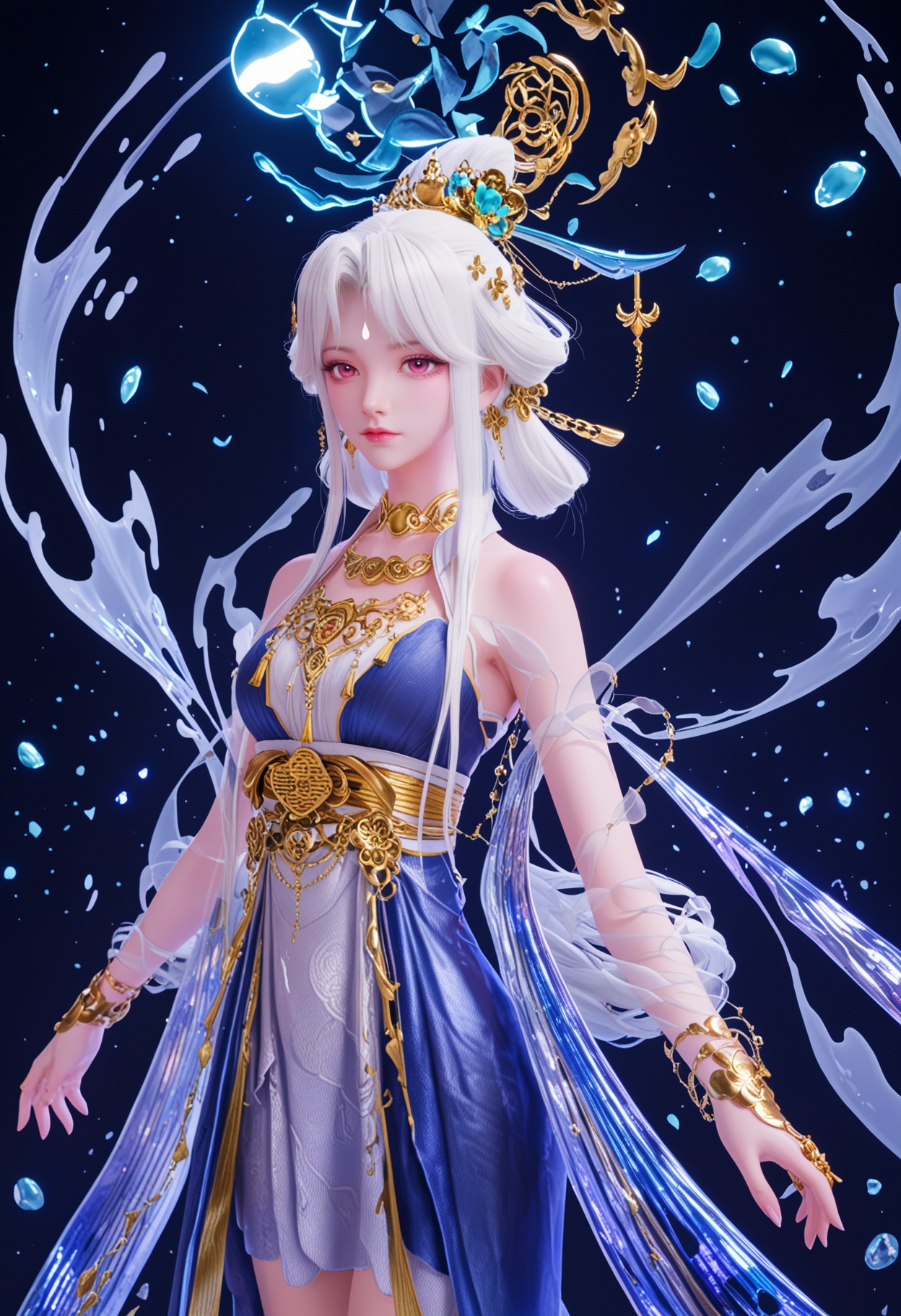 score_9,high detail,best quality,cinematic lighting,volumetric lighting,shiny skin,shiny,changelxz,1girl,solo,pink eyes,forehead mark,hair ornament,jewelry,necklace,white hair,long hair,dress,bare shoulders,hair stick,floating object,closed mouth,bracelet,shawl,looking at viewer,<lora:QQSponychangelxzV1:0.8>,<lora:Pony_DetailV2.0:0.8>,<lora:皮肤凹痕:0.1>,