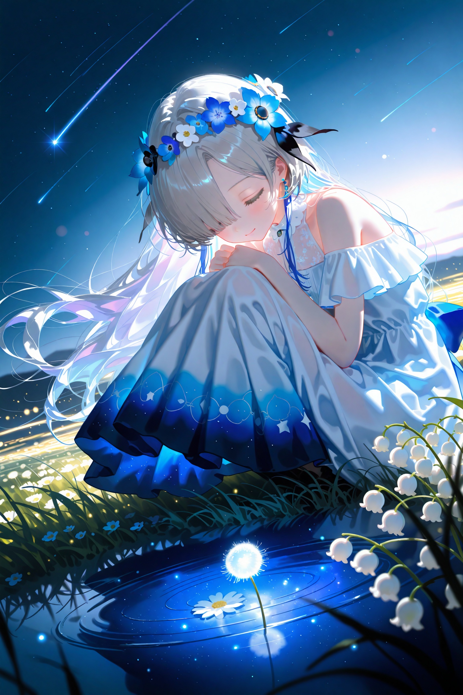 1girl,virtual youtuber,flower,solo,long hair,star (sky),closed eyes,isekai joucho,dress,field,head wreath,night,white flower,hair ornament,blue flower,multicolored hair,blue dress,sky,flower field,hair flower,starry sky,gradient dress,night sky,white hair,sitting,holding flower,knees up,flower wreath,holding,very long hair,bare shoulders,hair over one eye,grey hair,two-tone hair,blue hair,outdoors,on grass,on ground,bokeh,light particles,jewelry,off-shoulder dress,lens flare,ripples,off shoulder,glowing,knees to chest,daisy,two-tone dress,starry sky print,grass,smile,open mouth,earrings,full body,galaxy,squatting,sleeveless,blurry,depth of field,reflective water,blurry foreground,purple hair,long dress,closed mouth,alternate costume,white dress,dandelion,shooting star,purple dress,sleeveless dress,dutch angle,space,light,lily of the valley,own hands together,hands up,halter dress,wide shot,light smile,streaked hair,colored inner hair,reflection,hair between eyes,meadow,backlighting,blue theme,fireflies,hugging own legs,water,necklace,