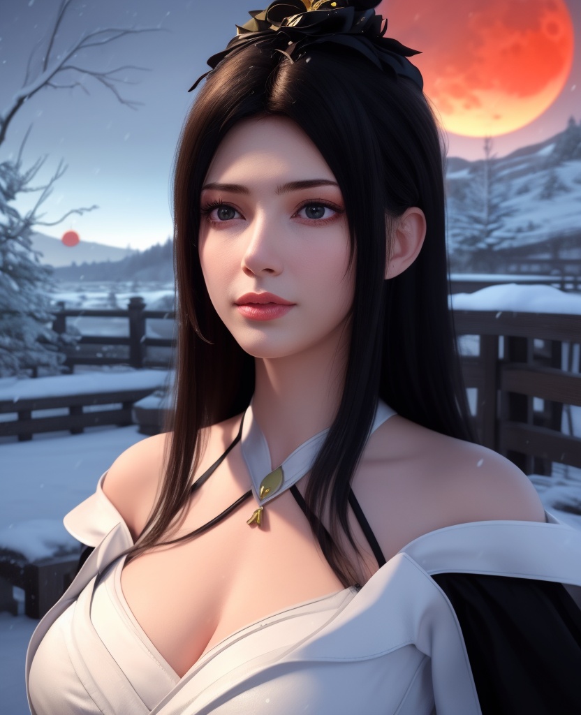 <lora:584-DA-星辰变-白灵:0.8>(,1girl, ,best quality, ),looking at viewer,masterpiece, (( , )),, realistic,science fiction,mole, ultra realistic 8k cg, ,      ,outdoors, snow, snowing, snow on head, sun,sunset,sunlight,moonlight,full moon, red moon,  crescent moon,  crescent rose,  black rose,       (cleavage), (),