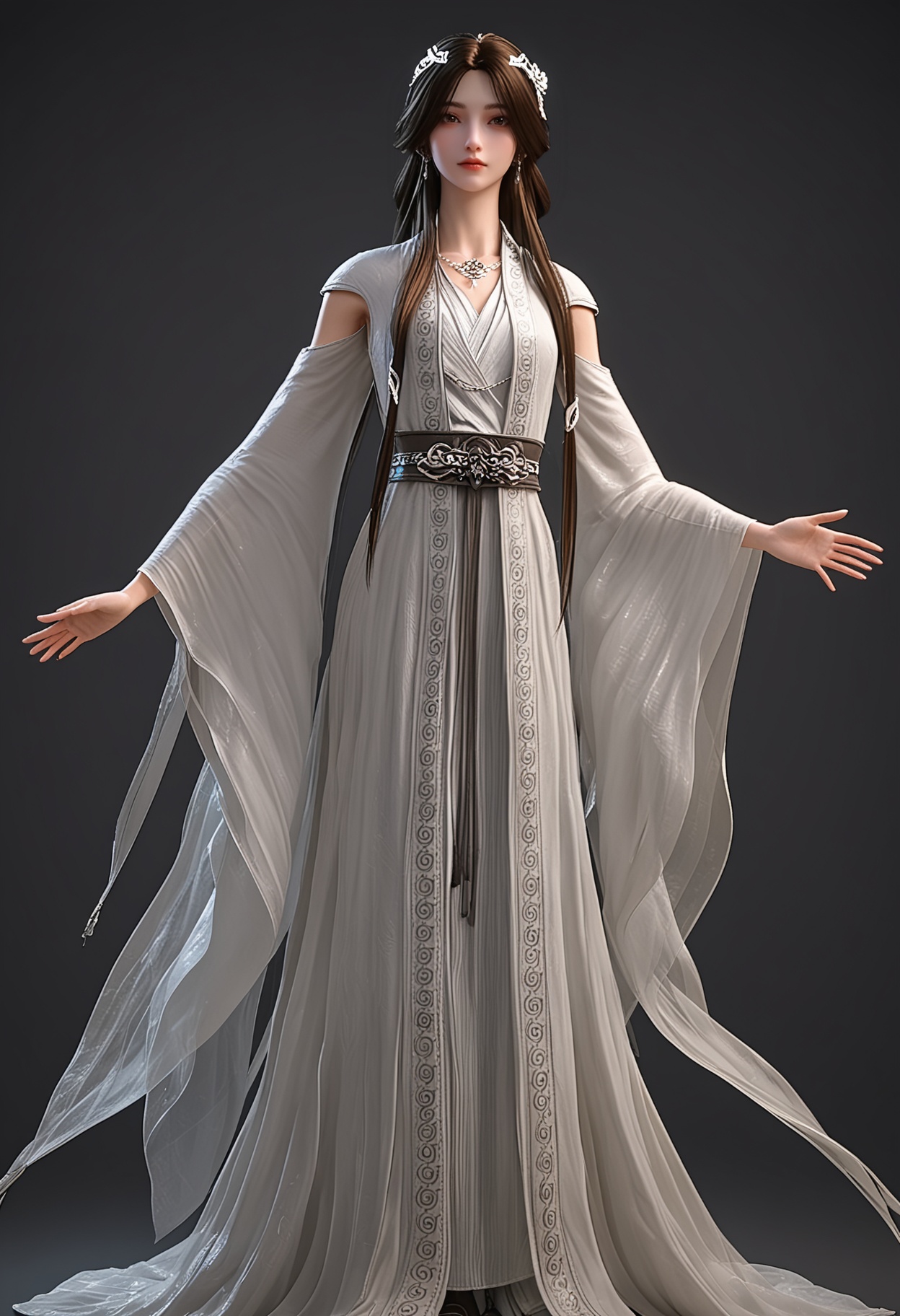 (standing full_body:1.1),score_9,score_8_up,masterpiece,(best quality),intricate details,facing viewer,(looking at viewer:1.1),<lora:YQ_pony_yuxin2.0_V4:0.8>,q1528437228,1girl,solo,long hair,hair ornament,jewelry,earrings,dress,brown hair,white dress,necklace,black hair,brown eyes,chinese clothes,long sleeves,detached sleeves,wide sleeves,hair bun,BREAKscore_9,score_8_up,masterpiece,(best quality),perfect anatomy,(hourglass),perfect face,(simple background,pure black background,black background:1.1),fair_skin,shiny_skin,Ivory_skin,