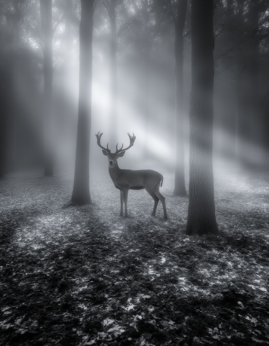 neomj,neomj, A black and white photograph of a deer in a misty forest with trees, the sun filtering through, and fallen leaves on the ground.<lora:neomj风景_15:1>,