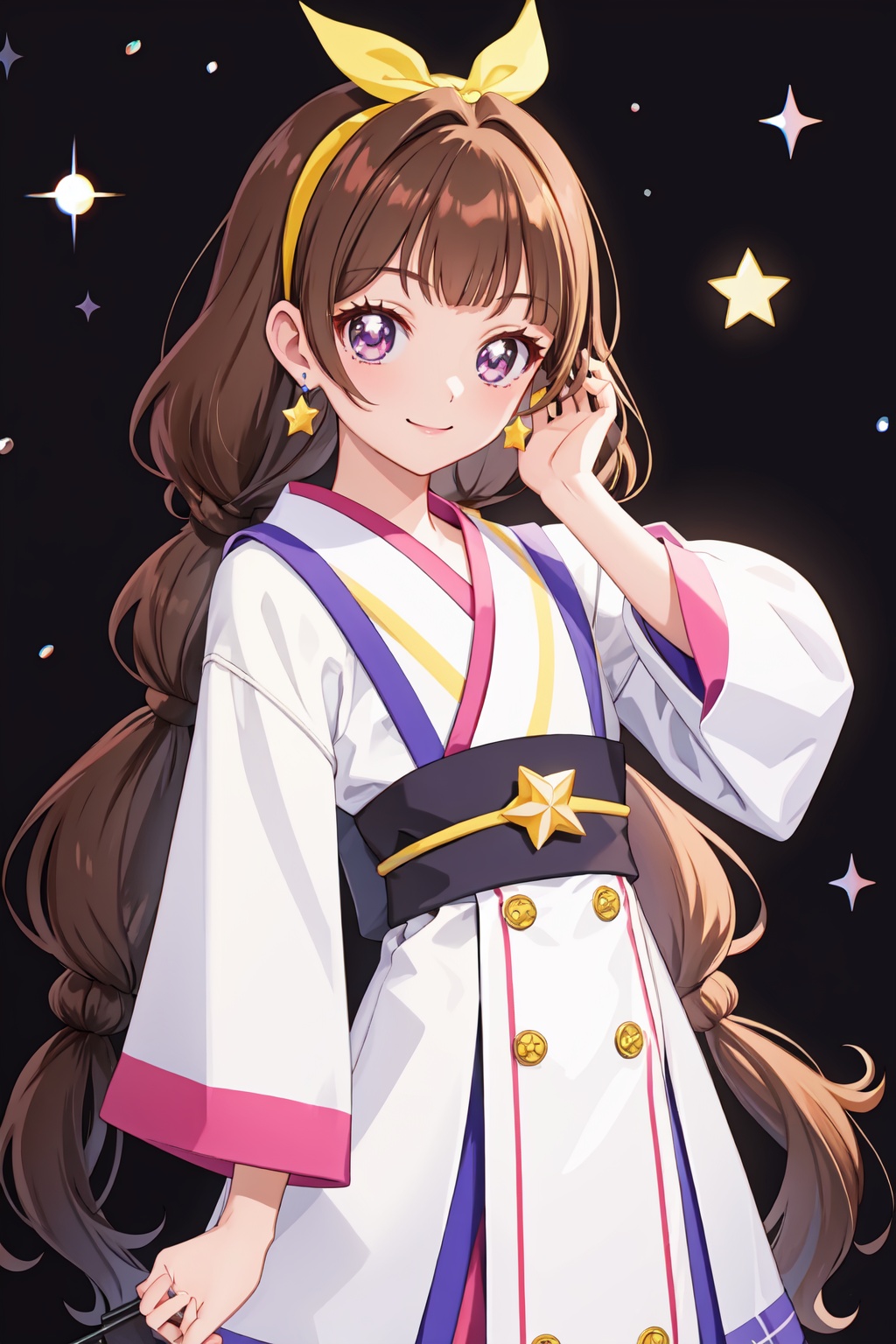 amanogawa_kirara,1girl,solo,smile,looking_at_viewer,hairband,star_(symbol),twintails<lora:amanogawa_kirara:1>,simple background,white backgroundmasterpiece,best quality, highly detailed, 