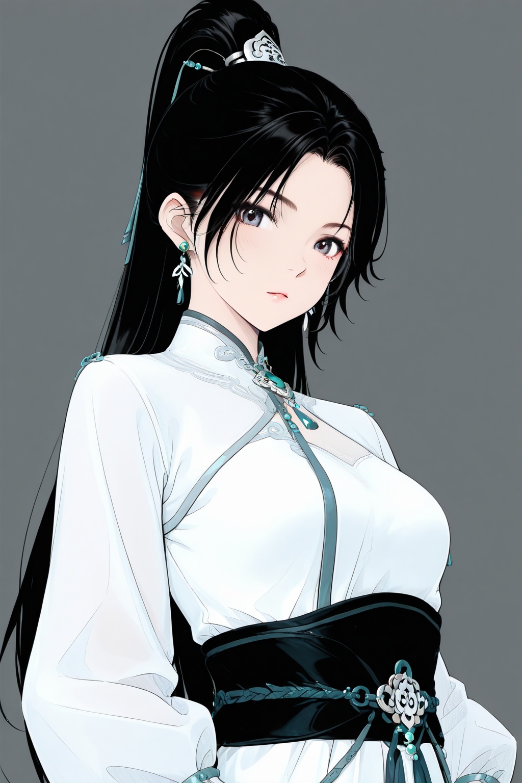 <lora:宁姚-000014:1>,1girl,solo,jewelry,earrings,black hair,ponytail,long hair,upper body,dress,white dress,hair ornament,sash,looking at viewer,chinese clothes,grey background,long sleeves,