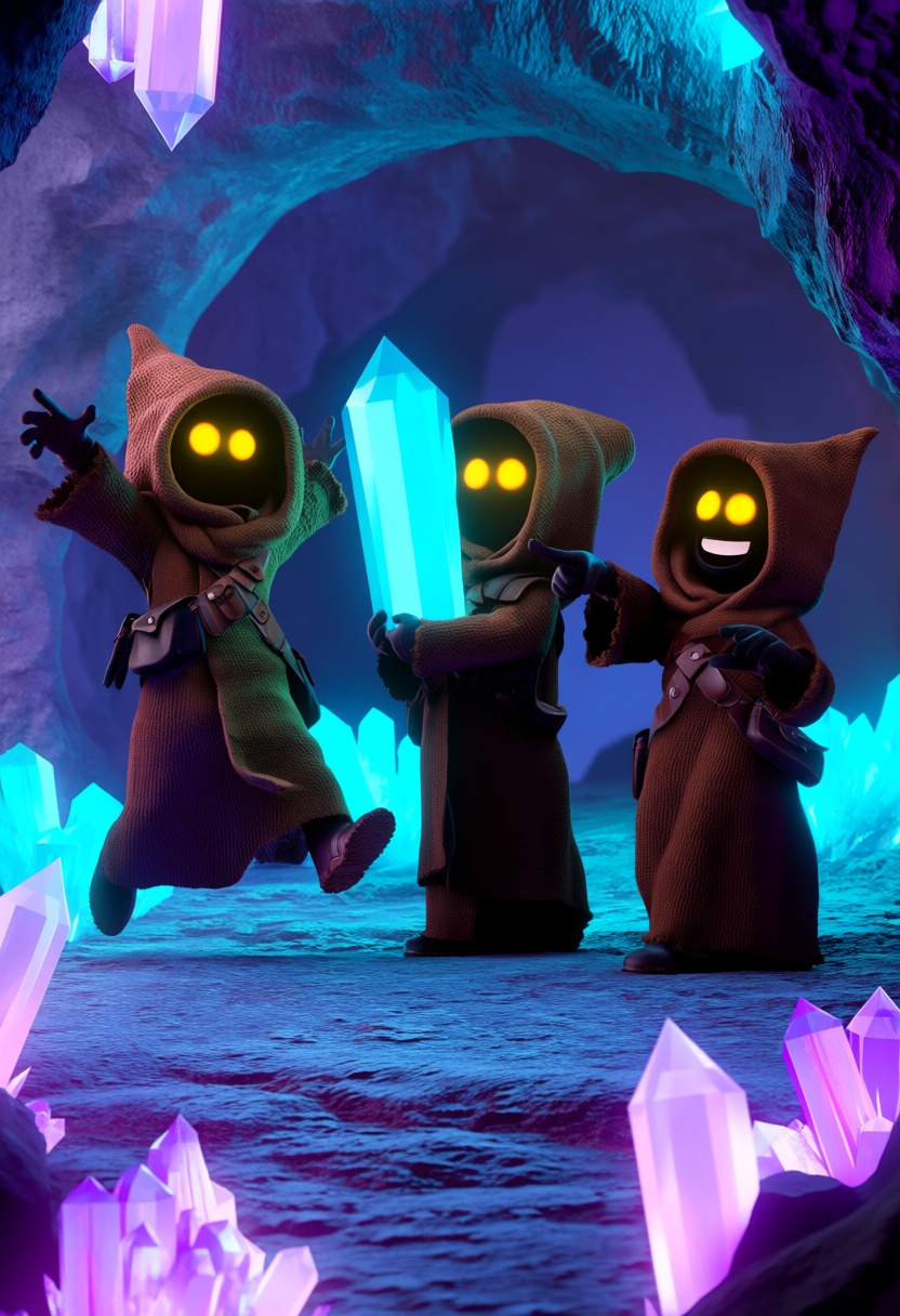 @hshs. A side profile view high-quality 3D animated render in a vibrant,  Pixar-like style captures three JawaSW figures c...