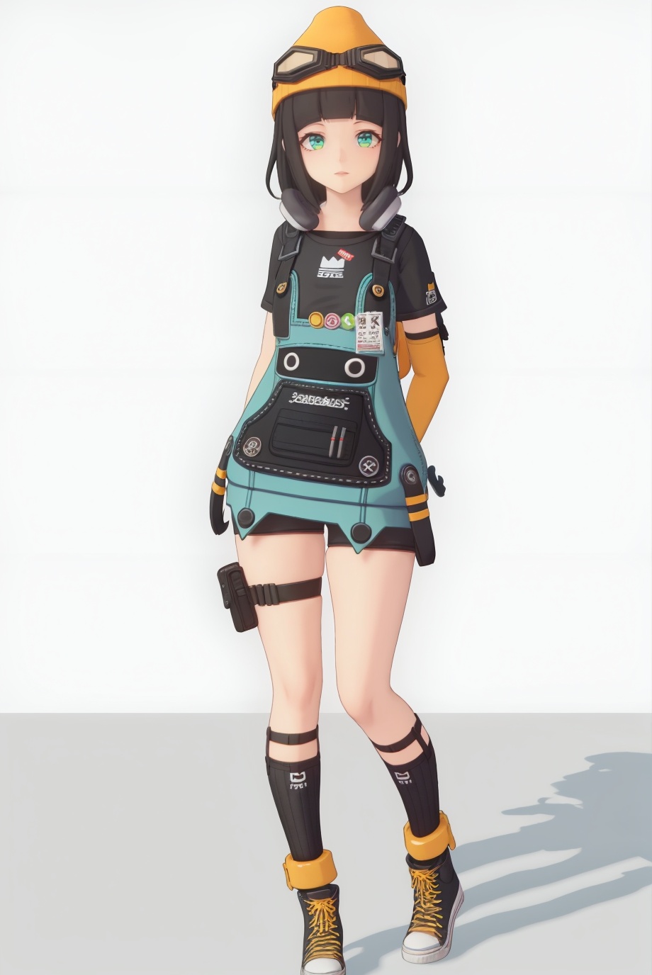 8k,best quality,masterpiece,(ultra-detailed),(high detailed skin),(by nanoless, by misumi \(macaroni\),:0.5),A full-body portrait of a young girl,standing gracefully,pastel art style,high-key lighting,shoujo manga influence,hd quality,delicate details,full body,full shot,standing,looking at viewer,(solo:1.2),simple background,(white background:1.2),<lora:Susie-sd-Tanger-000019:0.85>,Susie \(Zenless Zone Zero\),1girl,black hair,green eyes,short hair,clothes: Susiedef casual outfit,cyan overall dress,goggles,yellow hat,short sleeves,shoes,black socks,